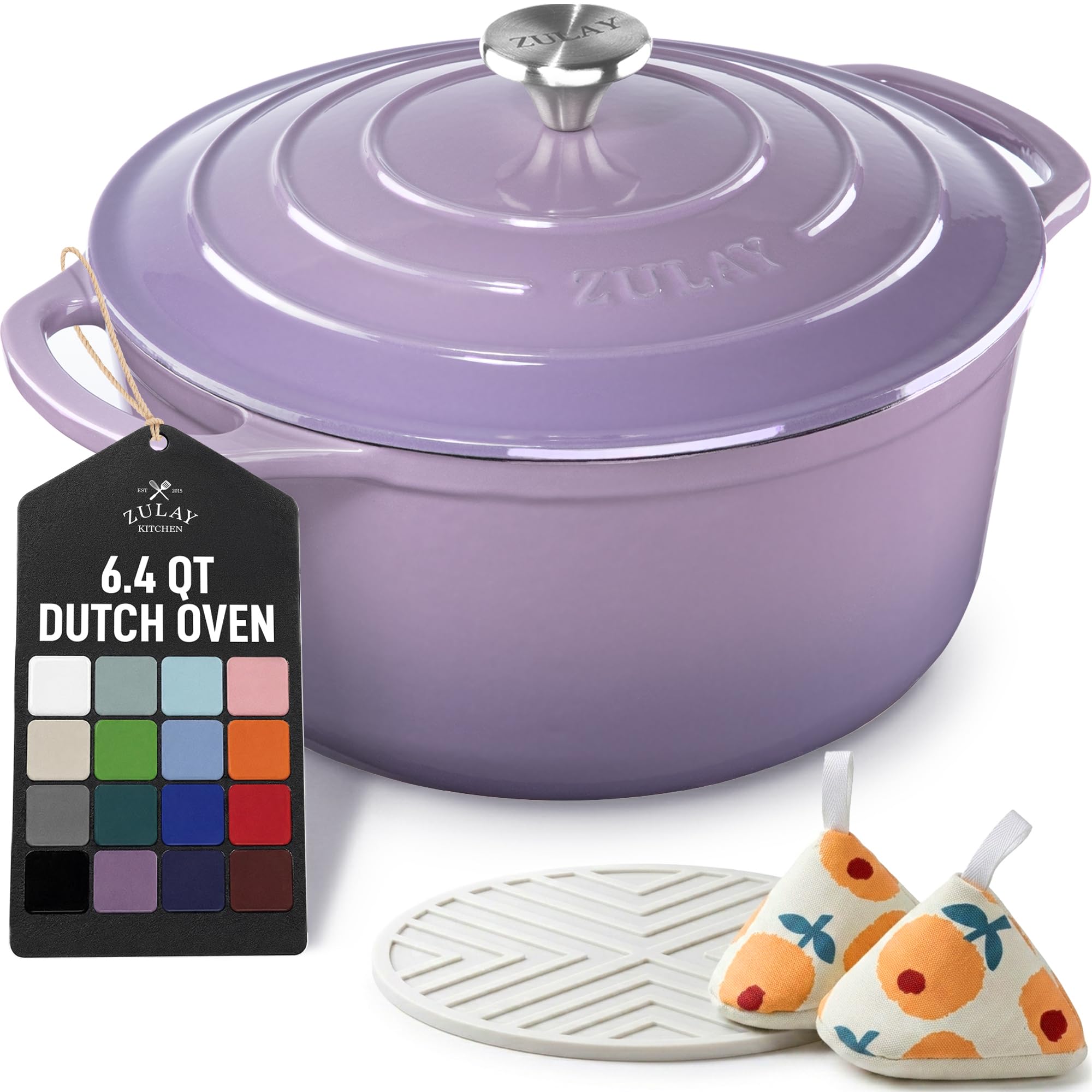 Zulay Kitchen 6.4QT Enameled Cast Iron Dutch Oven Pot with Lid, Heavy-Duty Soup Pot for Stews, Braising, Roasting &amp; Sourdough Bread Baking, Oven Safe up to 500°F - Lavender Jade