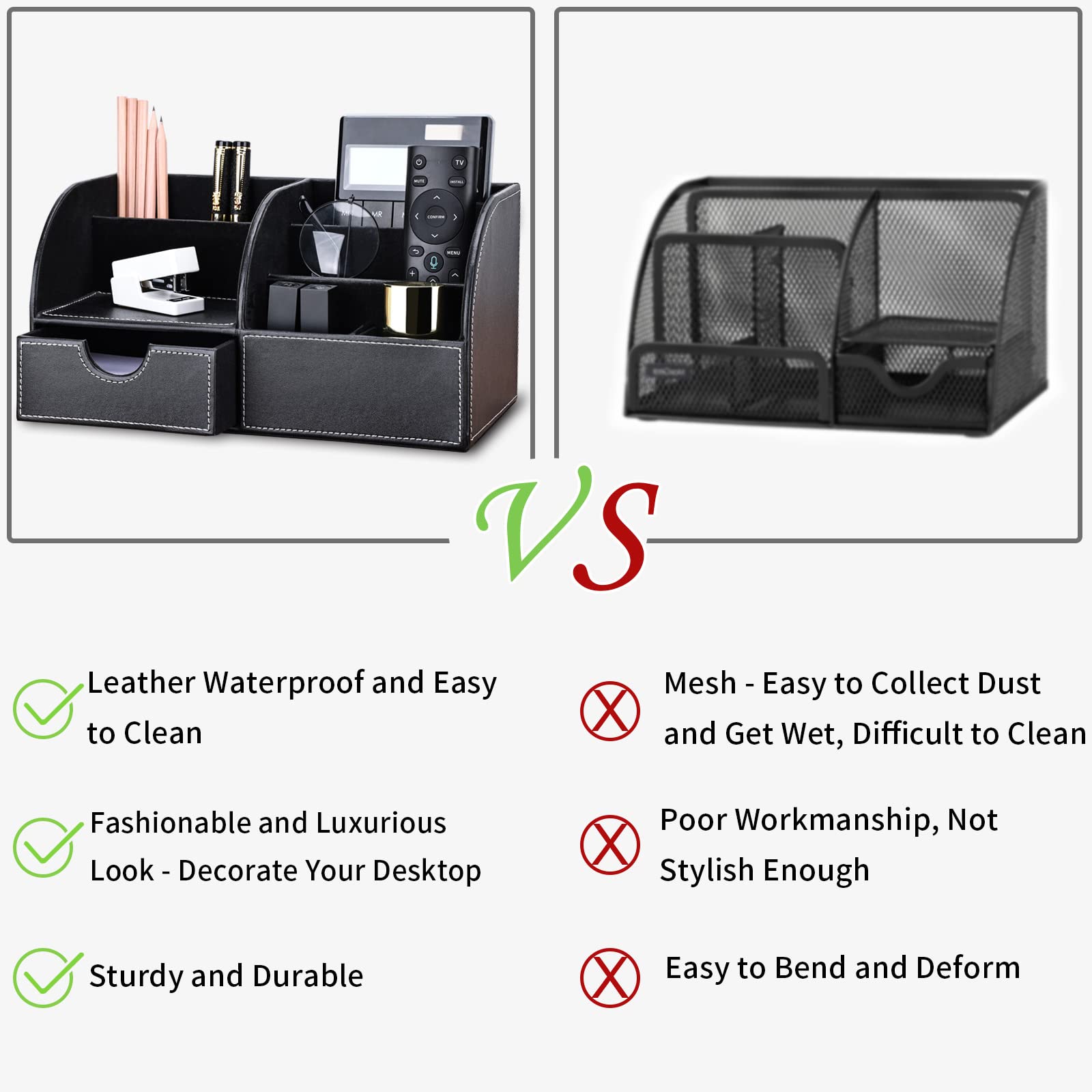 Kingfom ™ 7 scomparti multifunzione PU ufficio da scrivania, desktop cancelleria Storage box Collection, Business card/pen/Pencil/mobile phone/Remote Control Holder Desk forniture organizer Full Black Leather