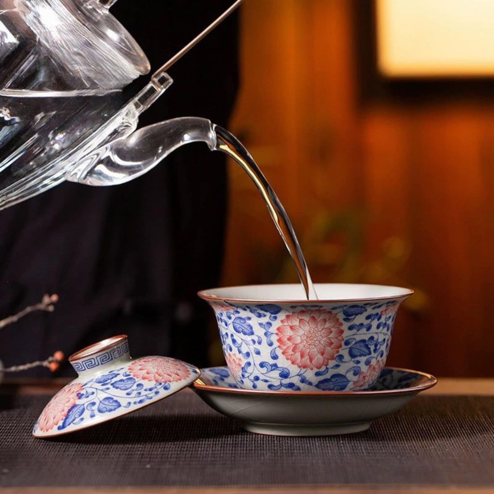 Jingdezhen Ceramiczny Gaiwan, 200 ml, niebieski i biały spleciony lotos Kung Fu zestaw do herbaty żaroodporna miska do herbaty