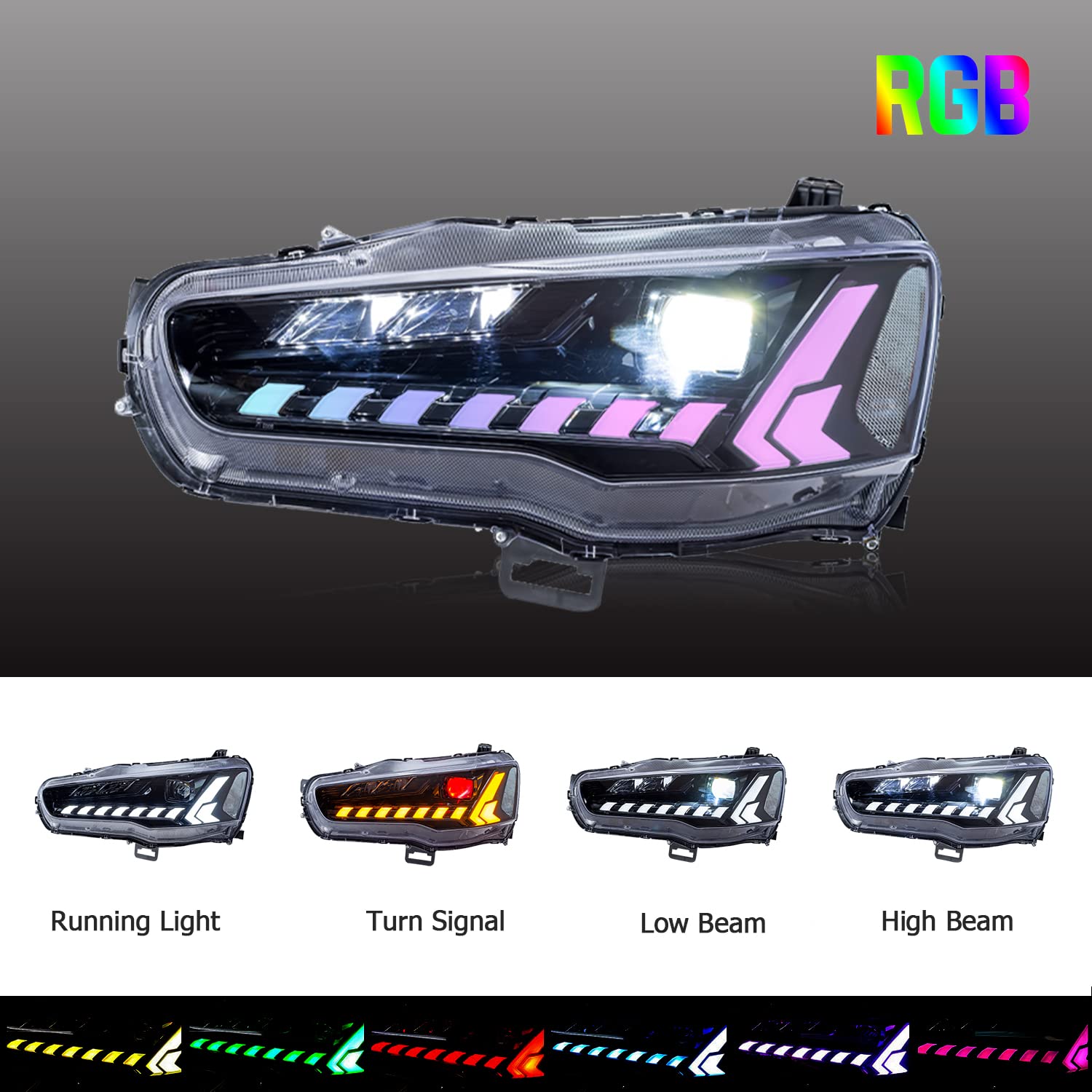 Mitsubishi EL-D0800WW/W LED照明 3500K HCMOTIONZ RGB LED Headlights Assembly Fit Mitsubishi Lancer & EVO