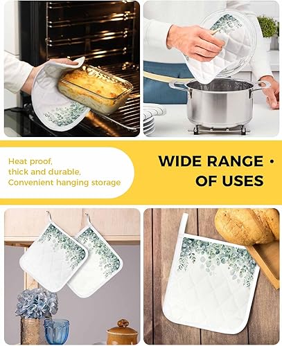 Miniatura 5 de 5 Packs Green White Eucalyptus Pot Holders Sets for Kitchen,Oven Pan Plate Bowl Pads Heat Proof Mat with Hanging Loop,Terry Cloth Potholders Soft
