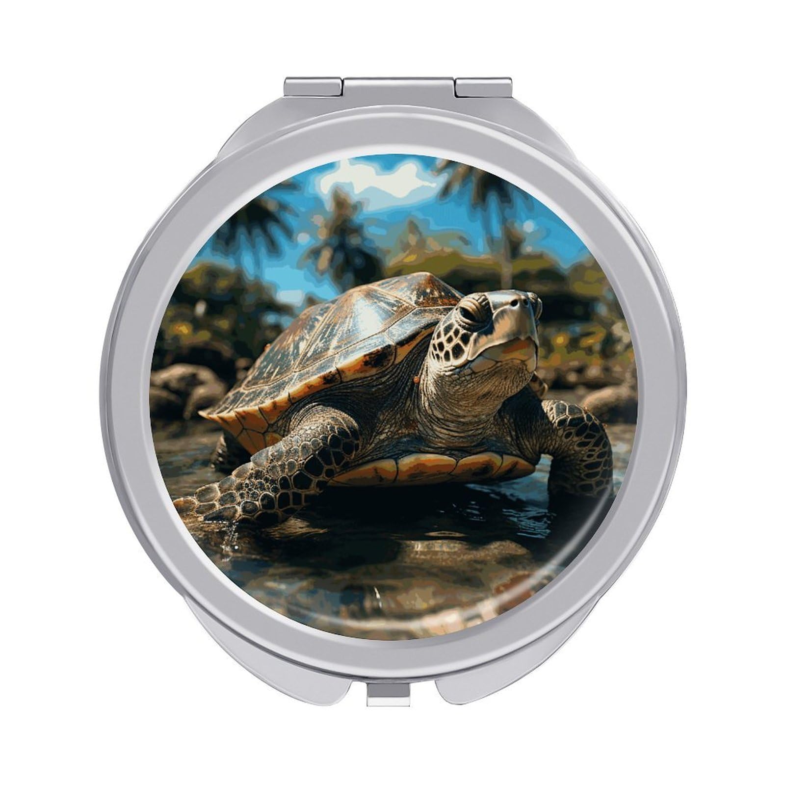 JTREHY Big Turtle and Palm Trees Makeup Mirror Silver Mirror Surface Folding Makeups Mirrors Lightweight Durable Looking Glass for Suitable Traveling Handbag and Purses