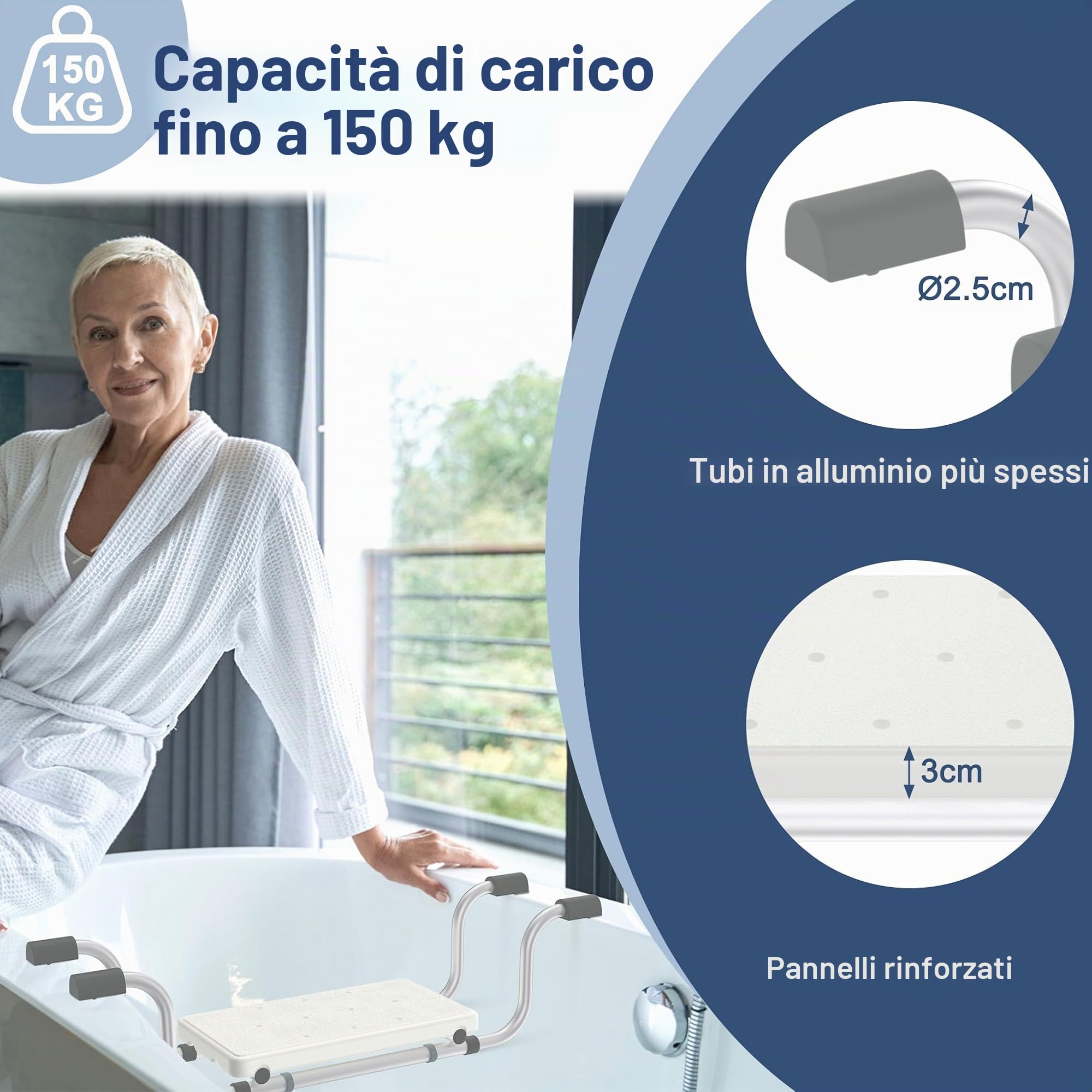 FIVMEN Sedile per Vasca da Bagno per Anziani Adulti, Sedile per Vasca Estensibile 72-82 cm Antiscivolo, Capacità fino a 150 kg, Colore: Bianco