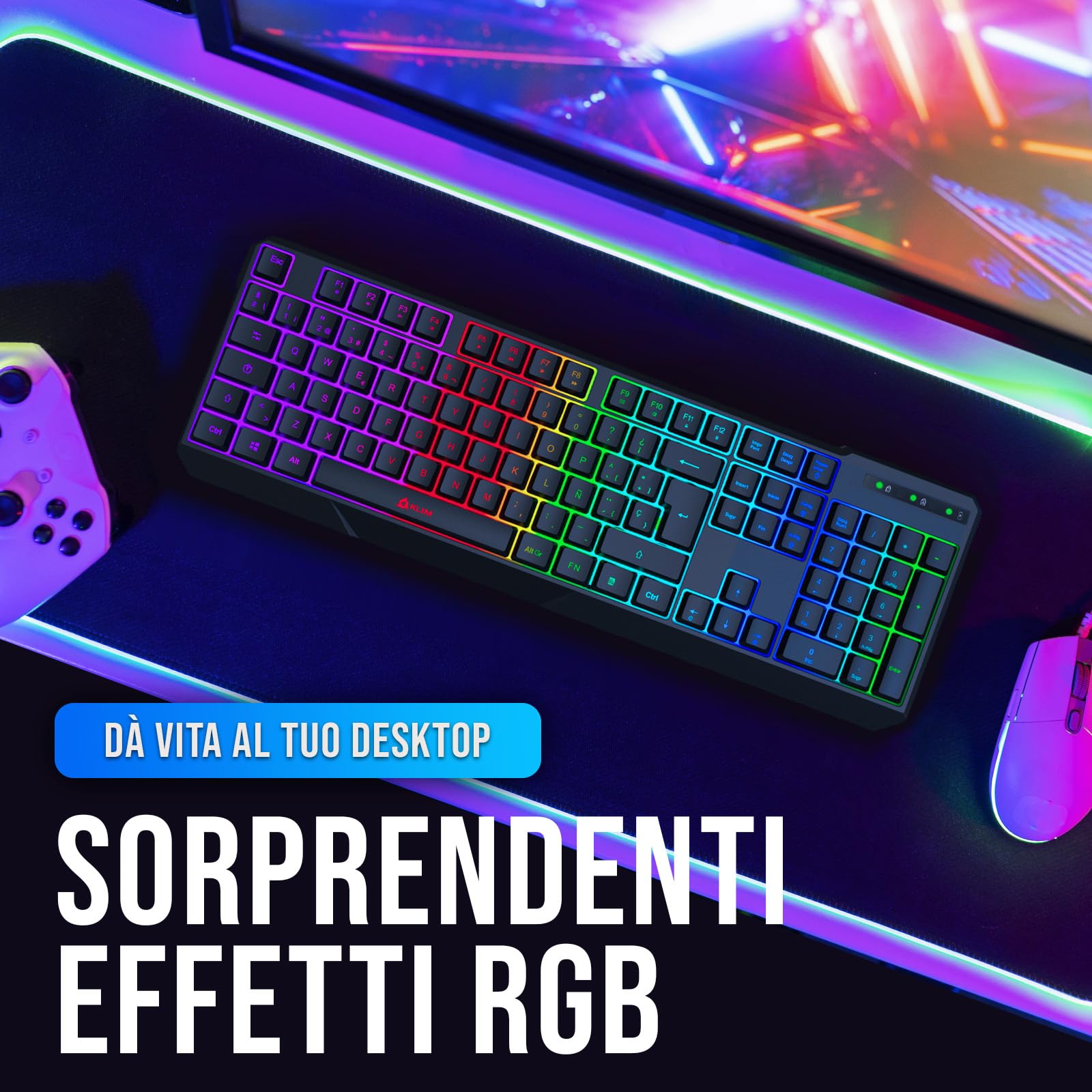 KLIM Chroma Tastiera Wireless ITALIANA - Sottile, Resistente, Ergonomica + Tastiera Gaming Retroilluminata Silenziosa e Impermeabile + PC Mac PS4 PS5 + NUOVA VERSIONE + Nera