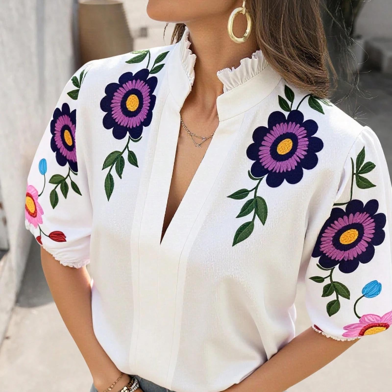 2026summer Top da donna alla moda floreale camicette a sbuffo manica corta con volant scollo a V casual camicie boho casual giorno fuori picnic spiaggia
