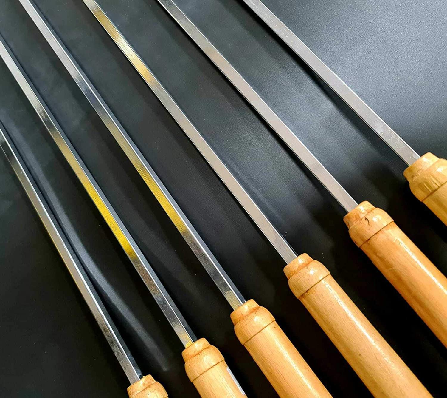 SDMAX 12x Kebab Skewers, Barbecue Skewers 52cm Long with Wooden Handle Reusable BBQ Skewers Kabab Sticks, Durable & Sturdy, Versatile Usage (Pack of 12)
