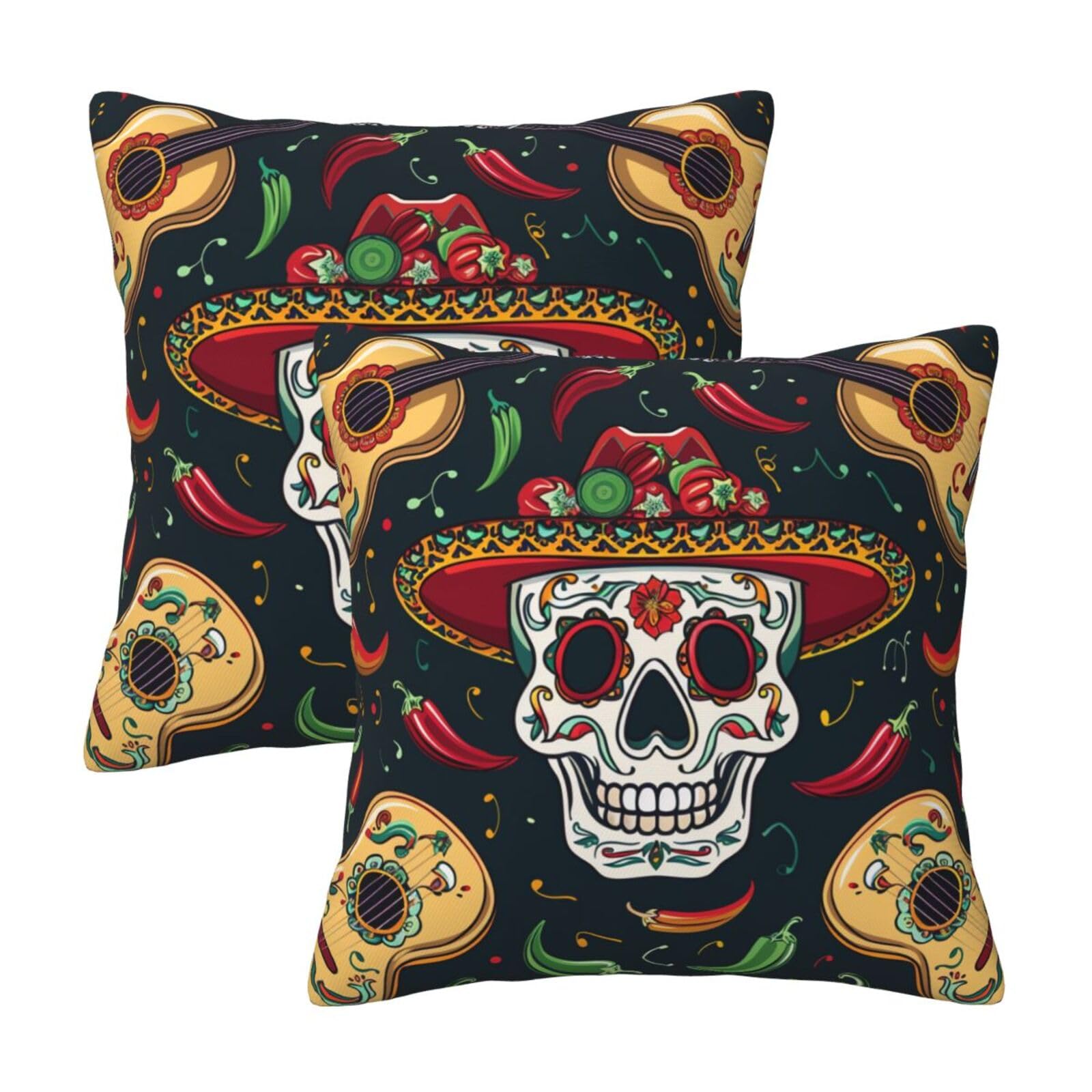 Aubkfeld Mexican Skull Printed Cushion Covers 2Pcs (45X45 Cm) - Decor Pillow Cases For Home - Hidden Zipper Opening