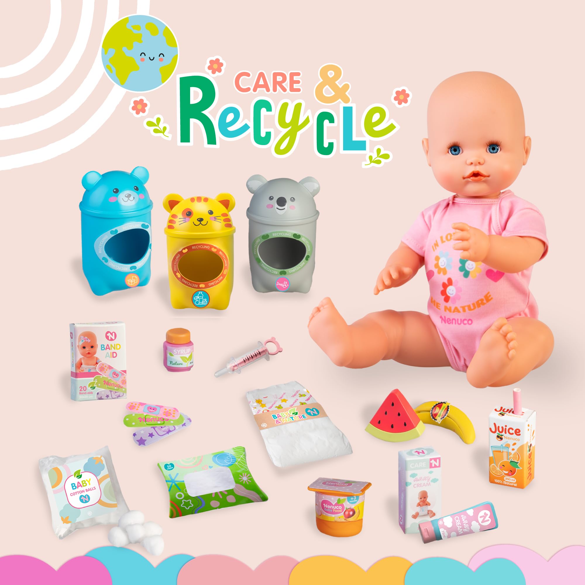 NENUCO - Cuida y Recicla, Muñeco Bebé de 42 cm y Cuerpo Duro y Body Rosa, Accesorios para Dar de Comer, Cambiar Pañal y Curar Heridas, Incluye 3 Contenedores de Reciclaje, +3 Años, Famosa (NFN98000)