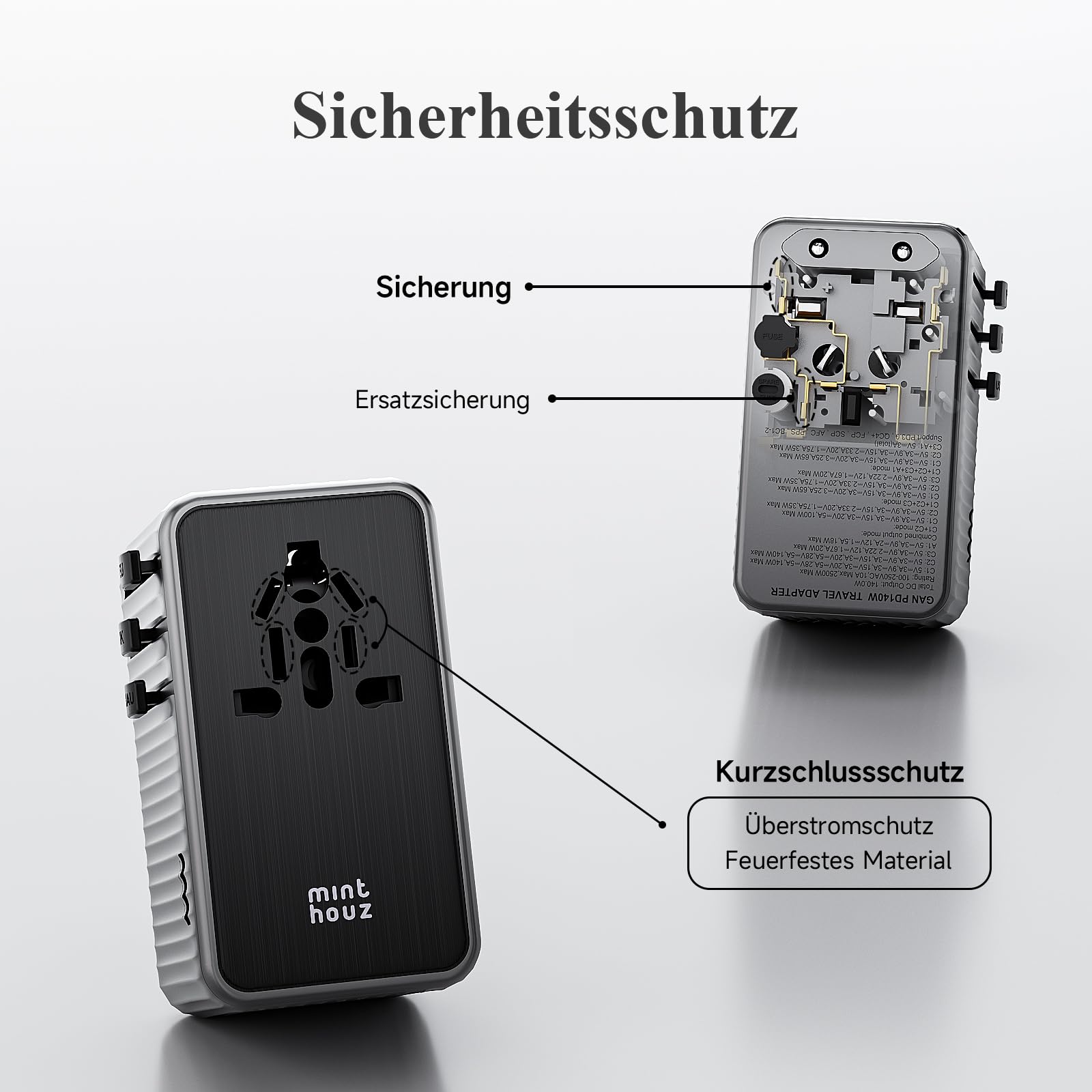 Minthouz Reiseadapter Weltweit,GaN Ⅲ PD 140W Universal Reisestecker mit 3 USB C und 1 USB A，Internationaler Steckdosenadapter,Power Adapters,Universaladapter für UK USA Japan Thailand Australien