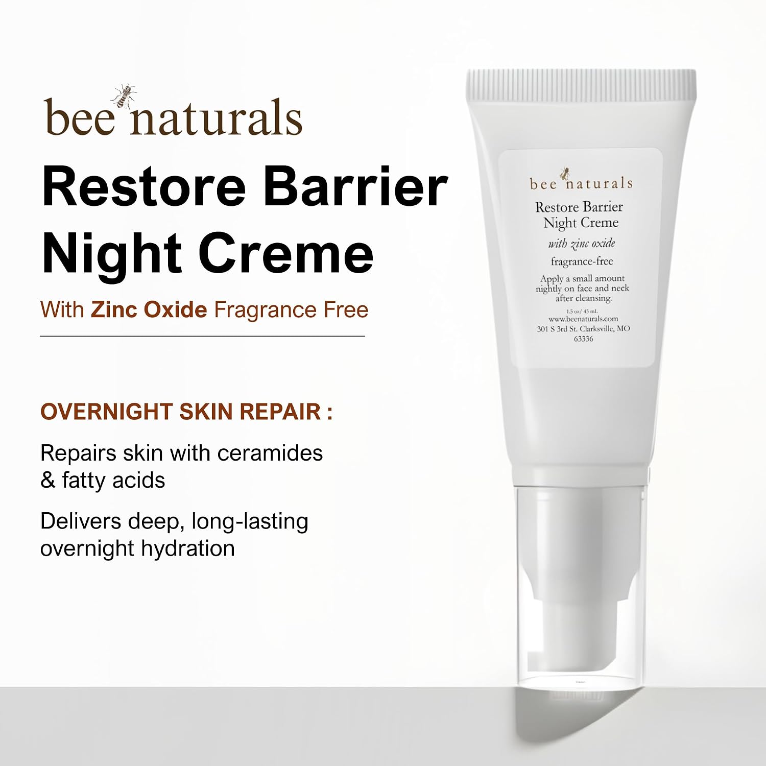 Bee Naturals Restore Night Creme with Zinc Oxide - Barrier Support & Hydration, Dermatologist-Recommended Non-Comedogenic Formula, Ideal for Face Basting, All Skin Types, Fragrance-Free, 1.5 Oz