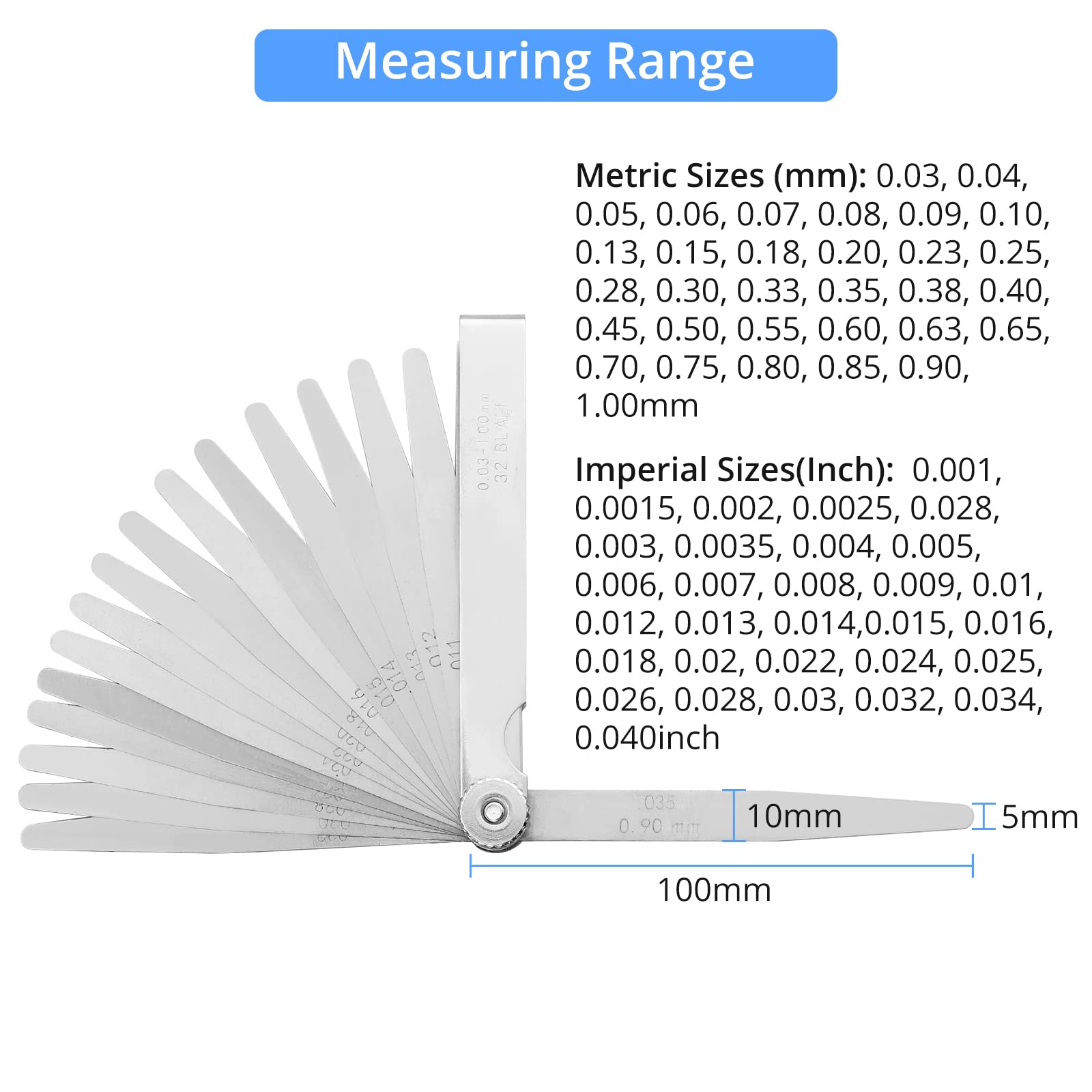 CAMWAY Feeler Gauge 32 Blades Tapered Valve Feeler Gauges Metric/Inch Spark Plug Gap Measuring Tool Manganese Steel Guitar Repair Feeler Gauges