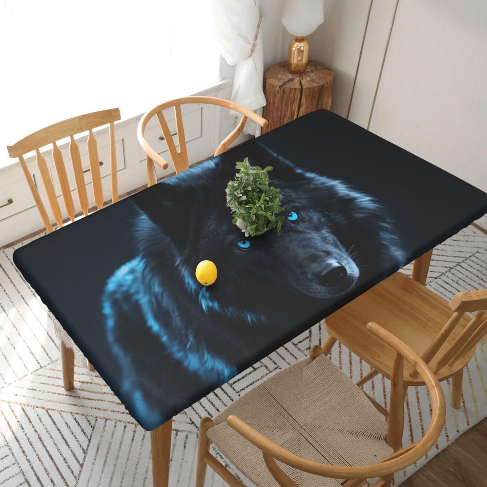 Fodpand Black Cool Cyan Wolf Spandex Fitted Tablecloth For 5 Foot Rectangle Tables,Waterproof Picnic Table Cover Stretch Table Cloth Washable Table Protector For Picnic, Camping, Outdoor
