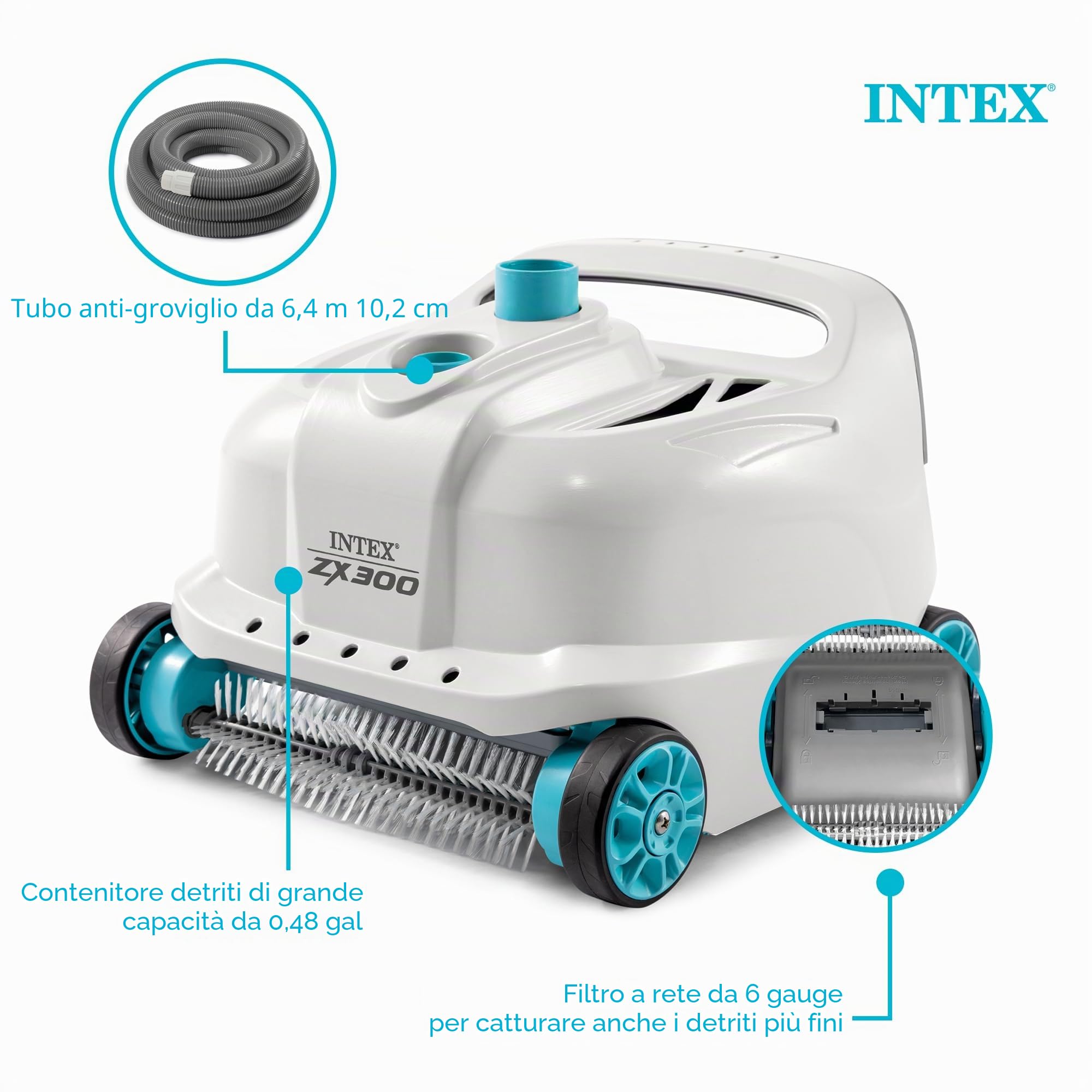 Intex 28005E ZX300 Deluxe Pulitore Automatico Piscina, Grigio | 28005E - Per grandi piscine fuori terra - Aspirazione ad acqua - Portata pompa richiesta: 1.600 - 3.400 GPH