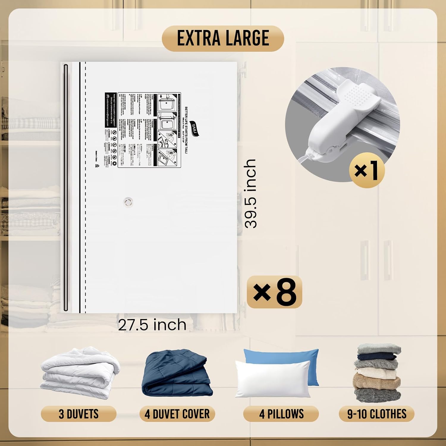 Condition photo showing New/Like New for taili 8 pack vacuum storage bags, jumbo size 39x28 inch, long side zip vacuum seal bags for beddings, extra large storage space saver for clothing, comforters, blankets, pillows 8 jumbo