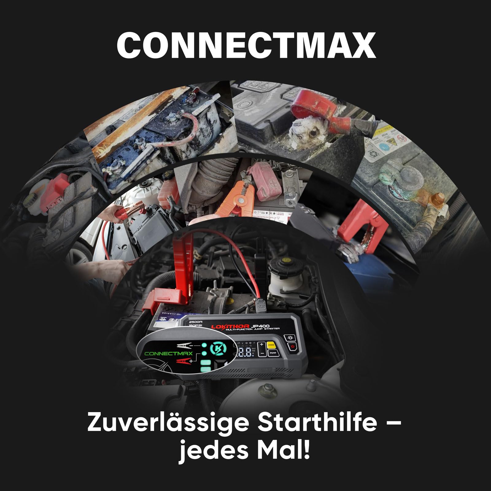 LOKITHOR JP400 Starthilfe Powerbank mit Kompressor, 2500A 12V Jump Starter tragbar für Pkw bis 8,5L Benzin / 6,5L Diesel, 150PSI Reifenfüller mit Auto-Stopp & ConnectMax Technologie