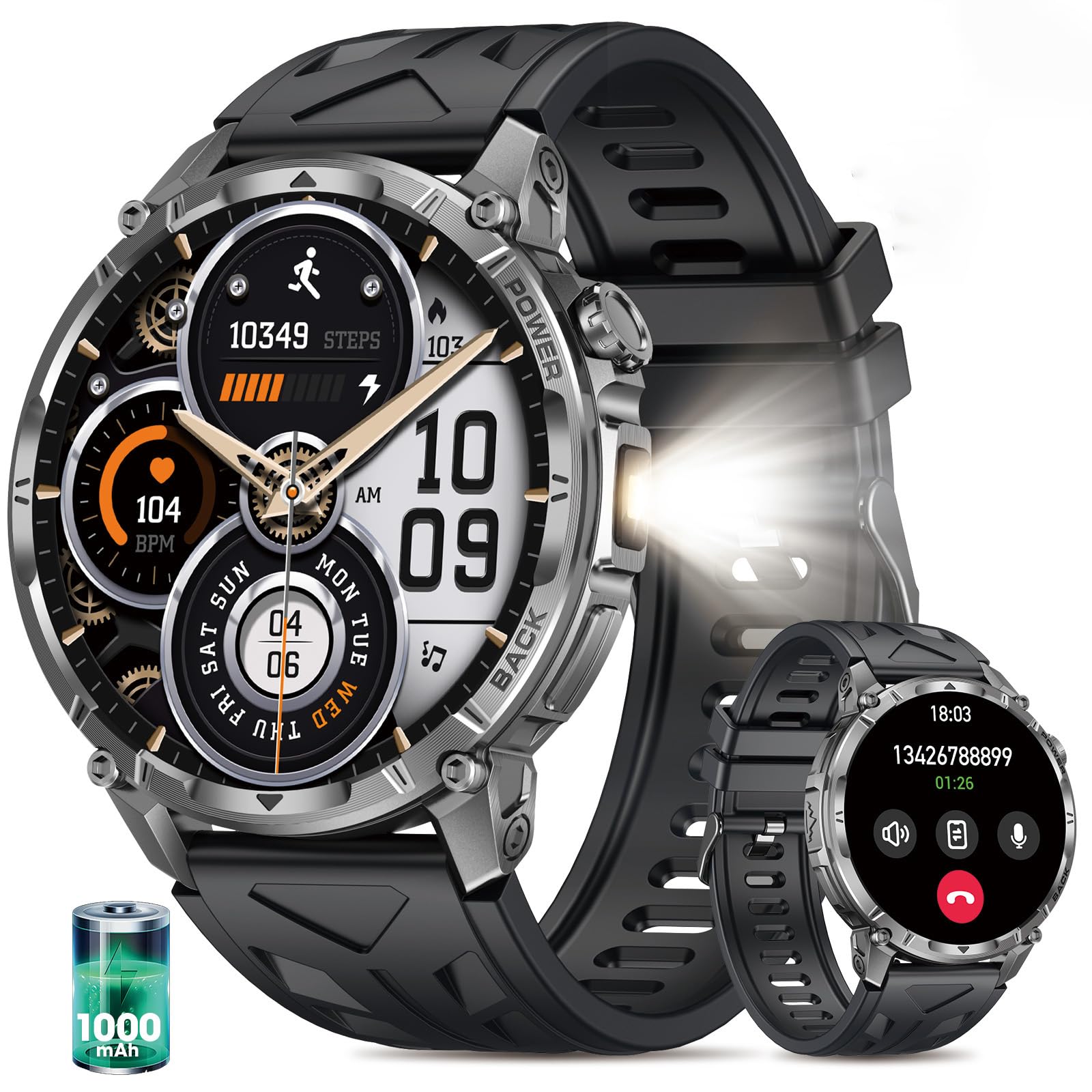 Smartwatch Uomo con 1000mAh, Orologio Intelligente Fitness con Chiamate Bluetooth, 1.7" Militari Smart Watch Tracker 110+ Modalità Sportive Cardiofrequenzimetro Sonno per Android iOS (Silicone)