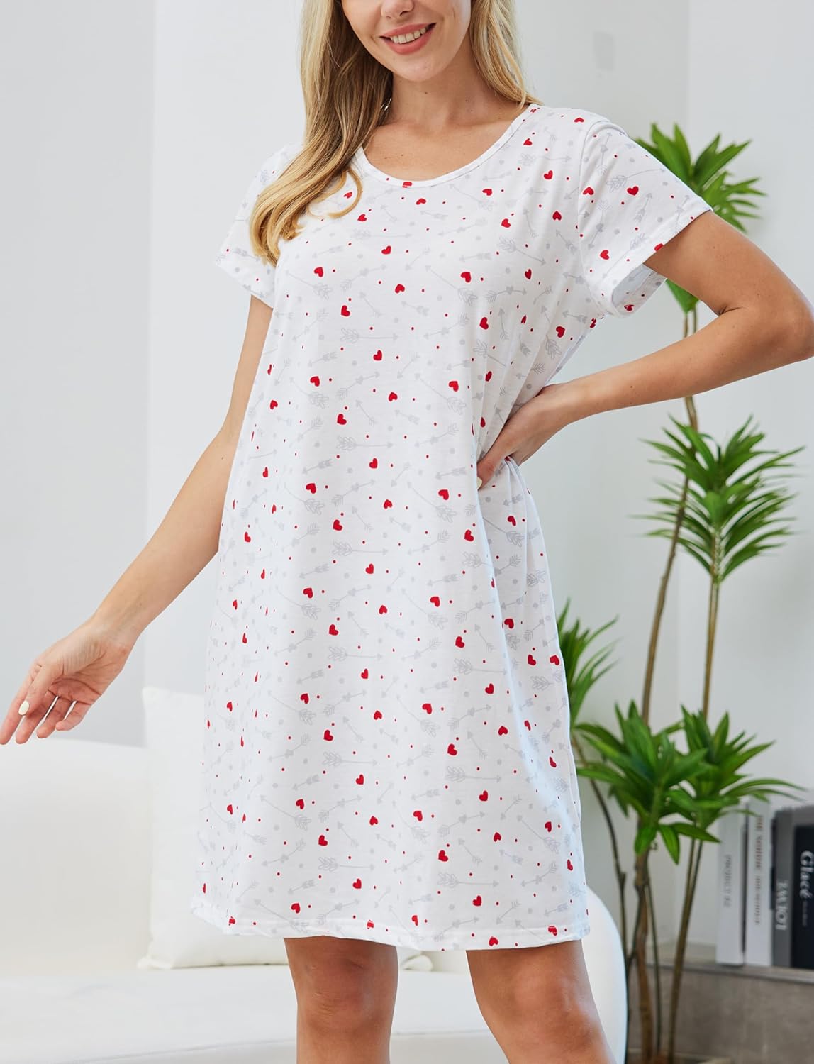 PNAEONG Women's Cotton Nightgown Sleepwear Short Sleeves Shirt Casual Print Sleepdress - Image 3