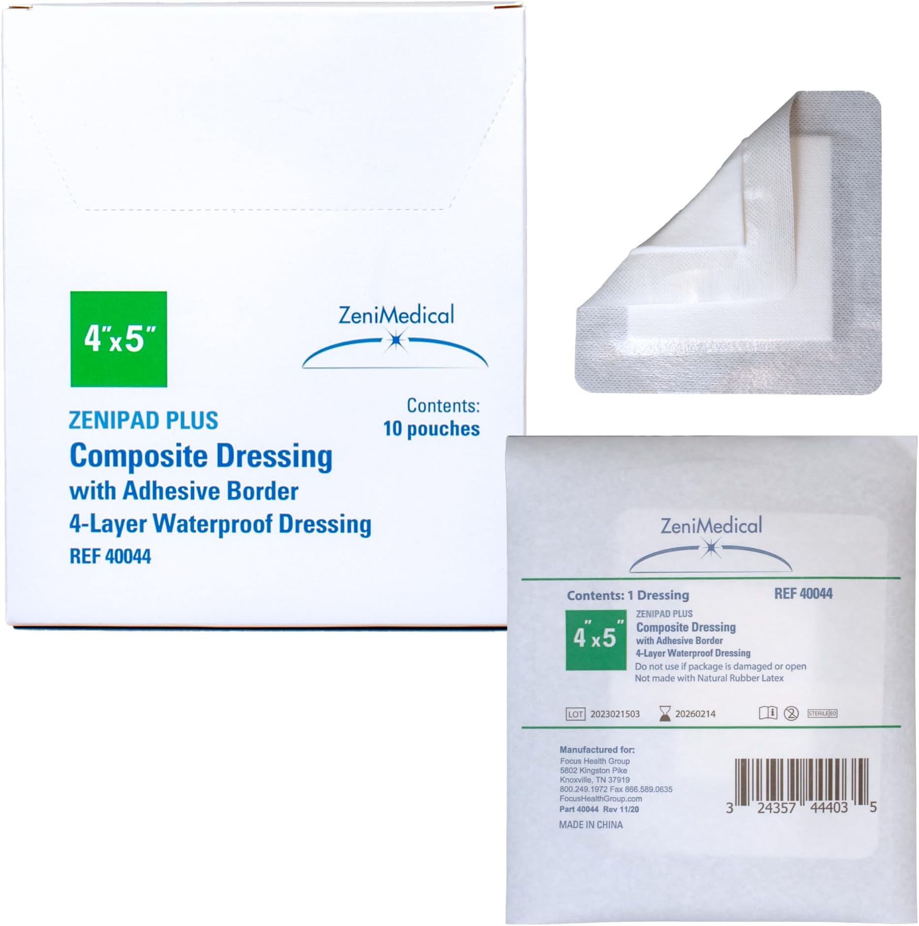 Zeni MedicalZeniPad Plus (4" x 4") Multi-Layer Composite Wound Dressing with Adhesive Fabric Tape Border - Sterile, Latex-Free, Waterproof Dressing for Wounds, 10/Box
