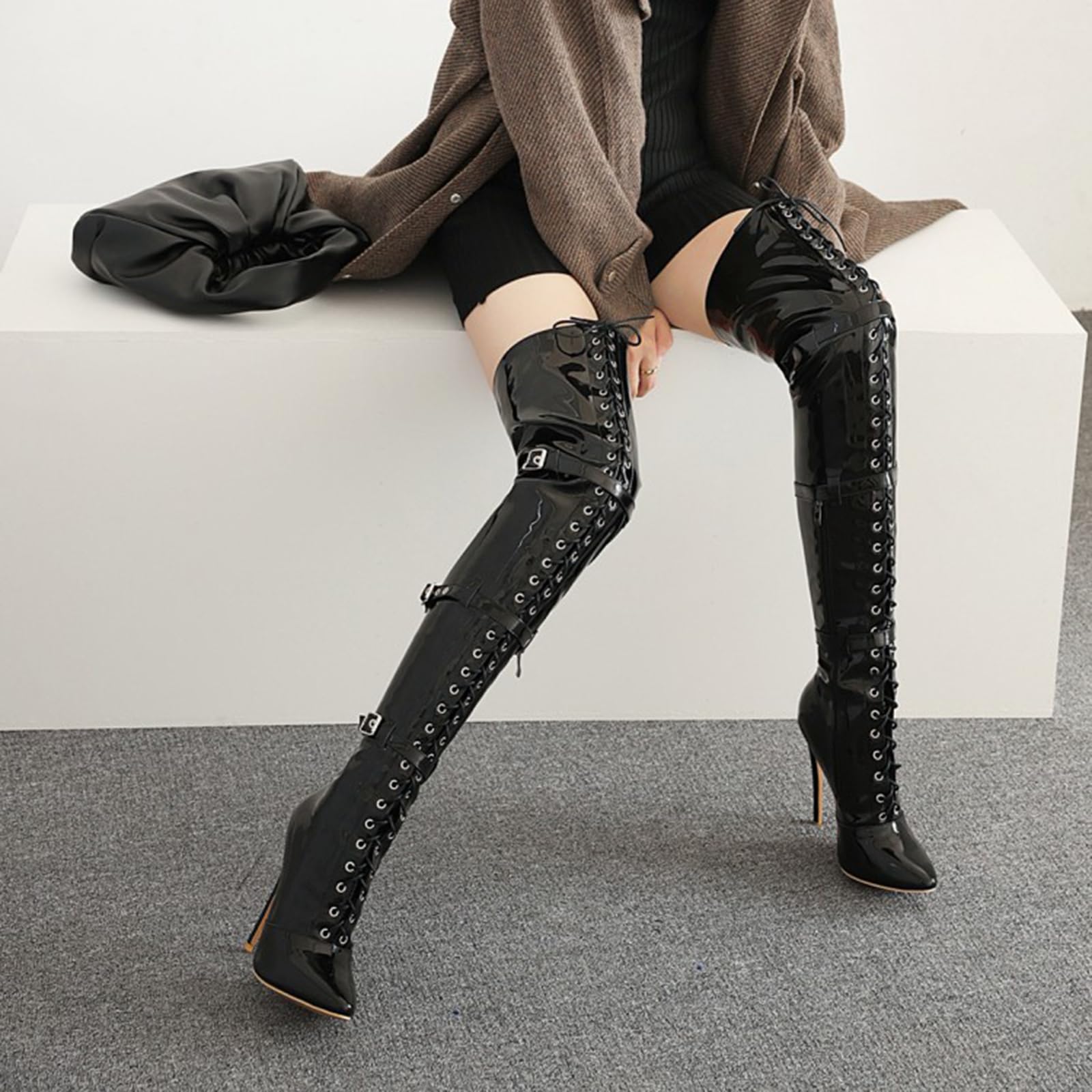 12CM/4.72IN Cintura Fibbia Punta Tacco Alto Stivali Sexy Nightclub sopra Il Ginocchio Stivali Vernice Stivali a Spillo in Pelle per Le Donne