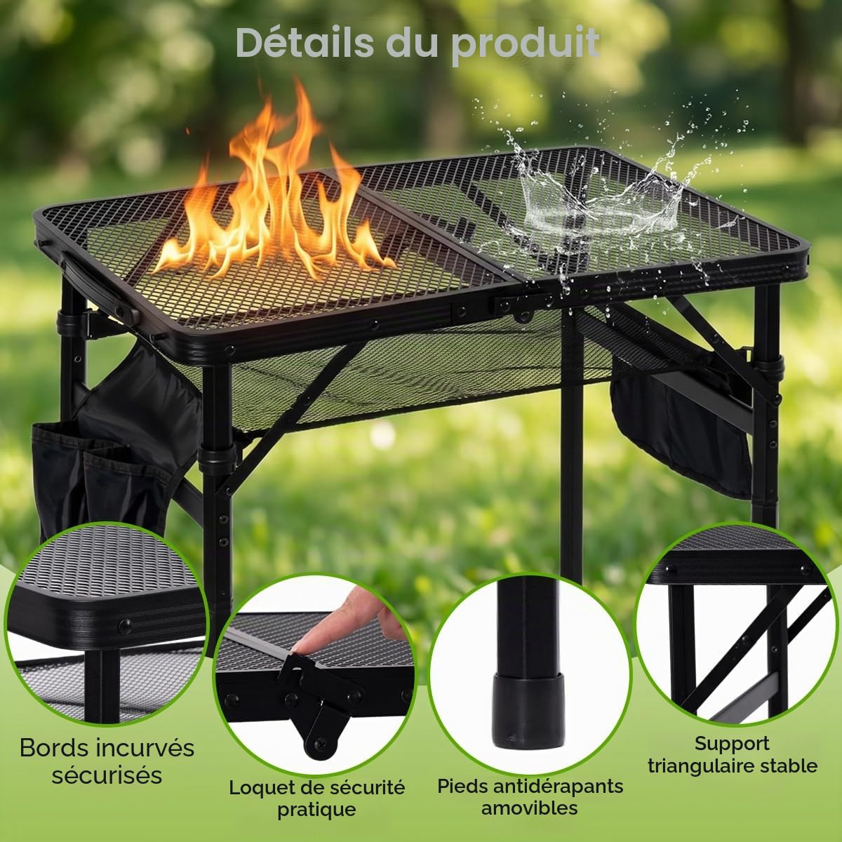 Table de Camping Pliante Portable 60x40cm réglable en Hauteur, légère en Alliage d'aluminium, Table d'appoint avec Plateau en Mesh, pour Pique-Nique, Barbecue