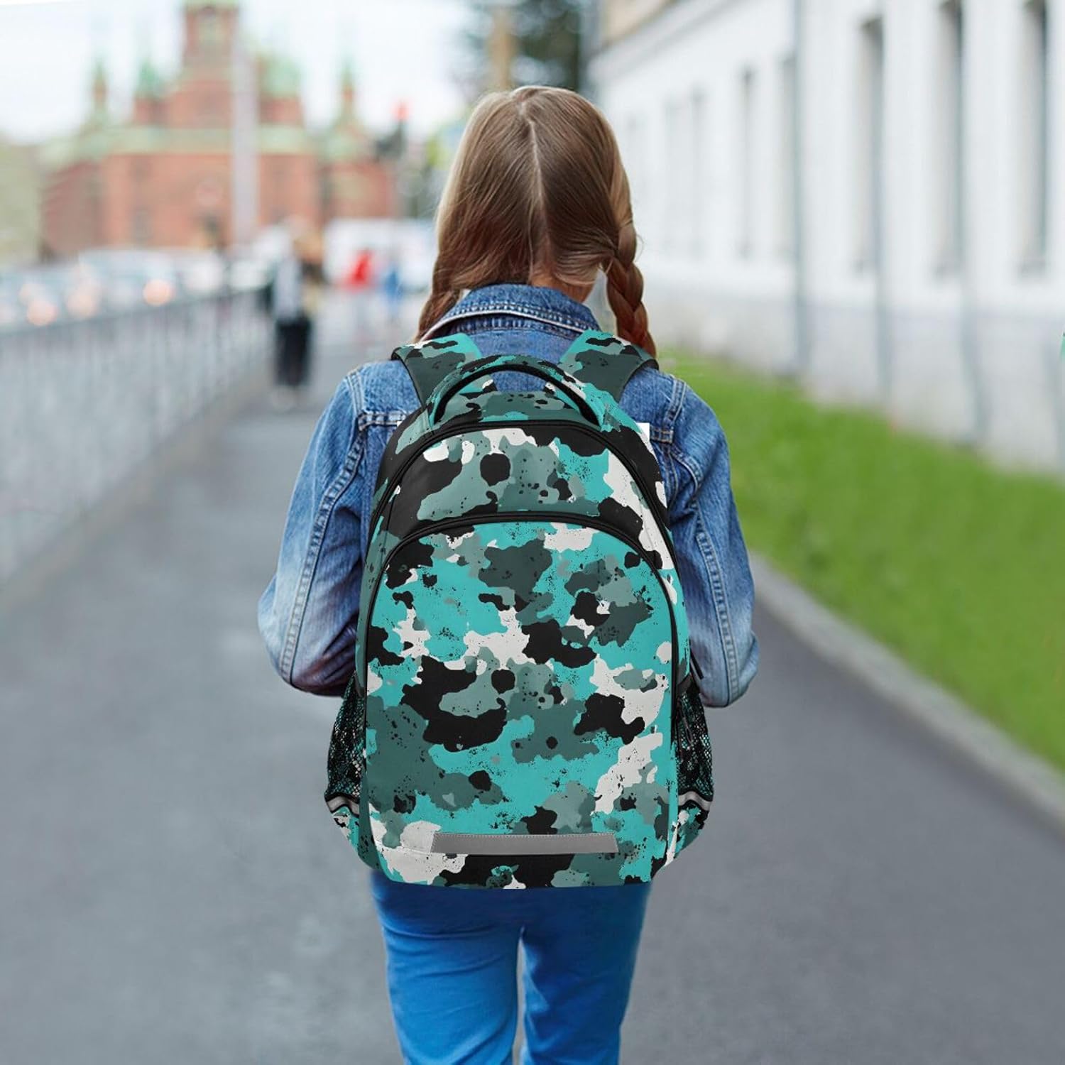 ALAZA Teens School Backpack Black White Mint Green Camouflage Pattern Laptop Backpack with Reflective Strap, Travel Backpack Casual Daypack for Elementary Primary middle Bookbag