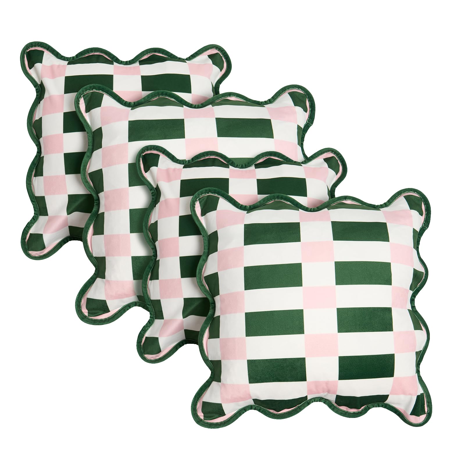 Ohs Women's Green/Pink Geometric Cushion Covers 45 X 45 Set Of 4 Scallop Edge, Gifts For Super Soft Decorative Matte Velvet Cushion Covers With Invisible Zipper Throw Pillow For Sofa Bed,