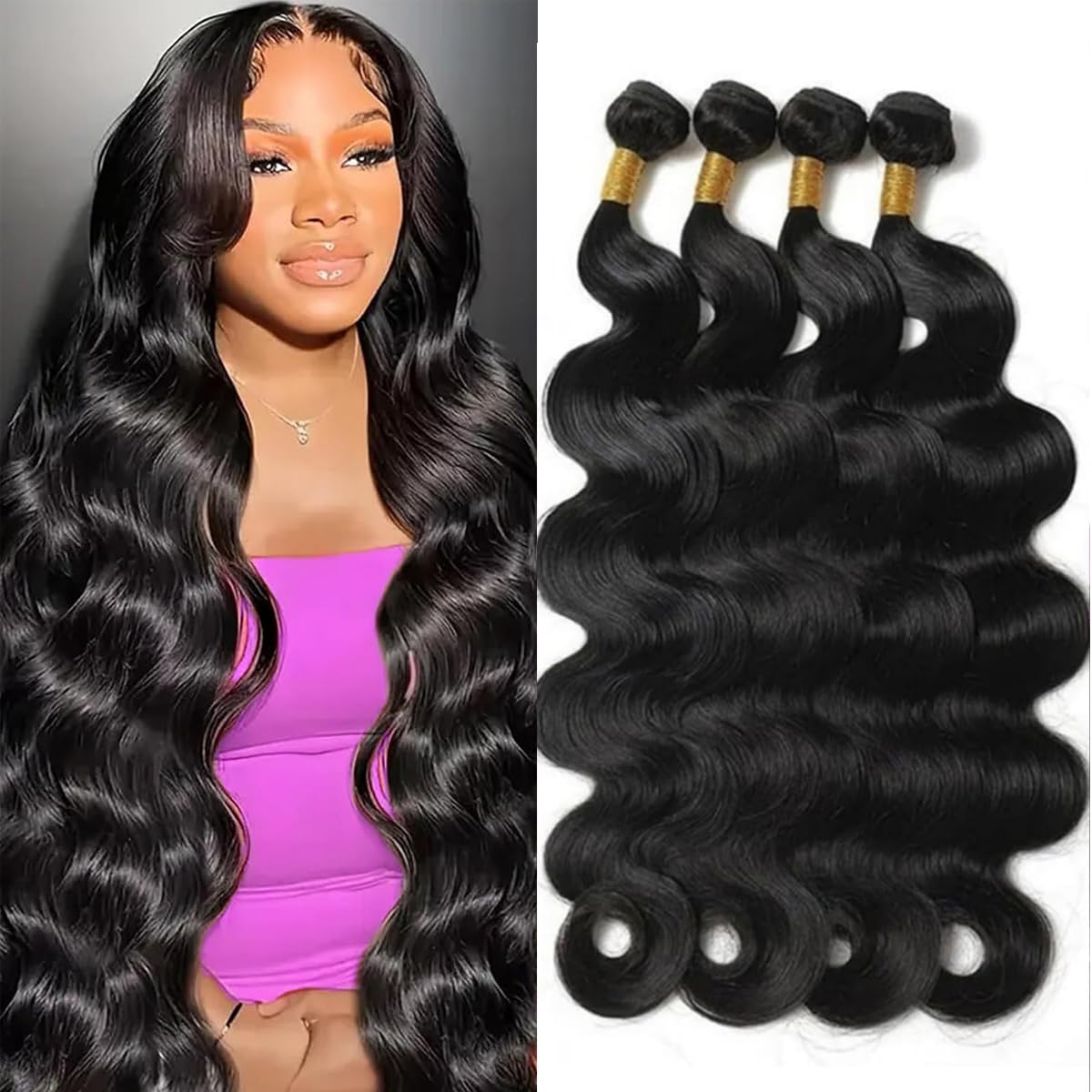 Human Hair Bundle Body Wave 4 bundles (24, 26, 28, 30 Inch) 100% Unprocessed Brazilian Virgin Hair ExtensionsNatural Black Color for Black Women Soft and Buncy No Tangle