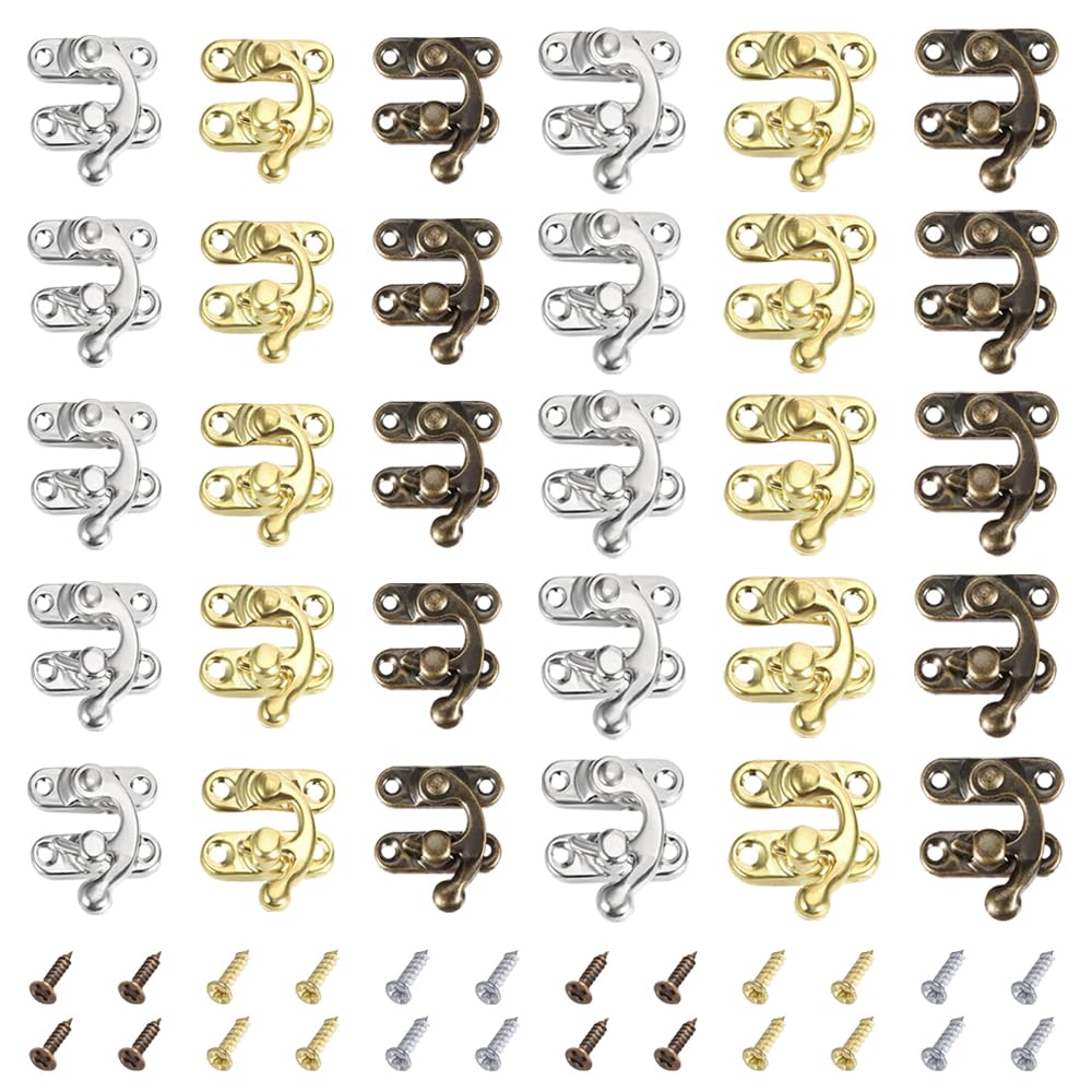 TRKETK 30 Pcs Vintage Lock Clasp Antique Right Latch Hook with 120 Mounting Screws Swing Arm Latch for Furniture Wooden Box Jewelry Case Cabinet Wooden Boxes Decoration (3 Colors)