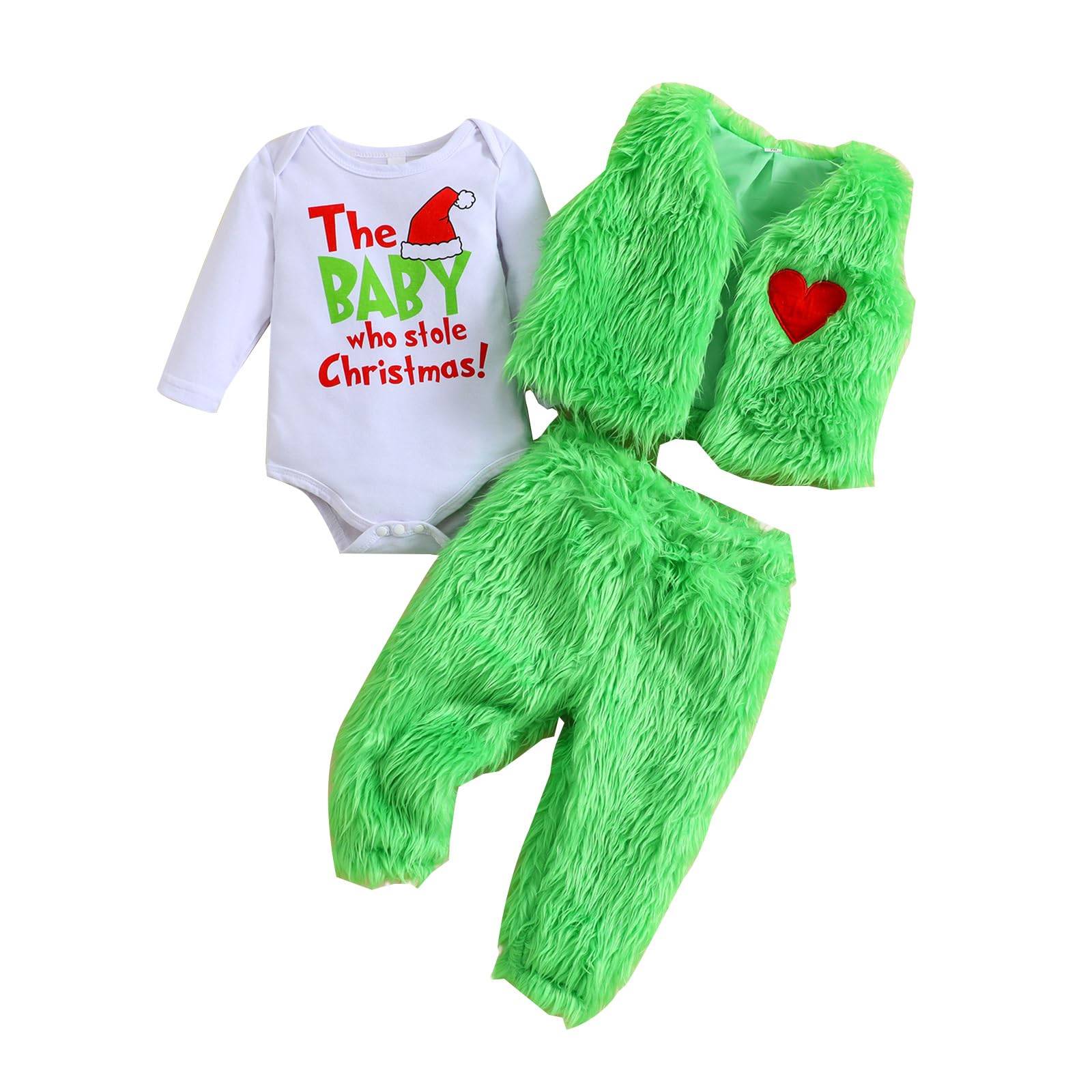 IBTOM CASTLEBaby Girls Boys My First Christmas Outfit Xmas Grinch Costume Long Sleeve Shirt Romper Suspenders Pants Fall Winter Fluffy Outfits Birthday Party Fancy Dress Up Clothes Set