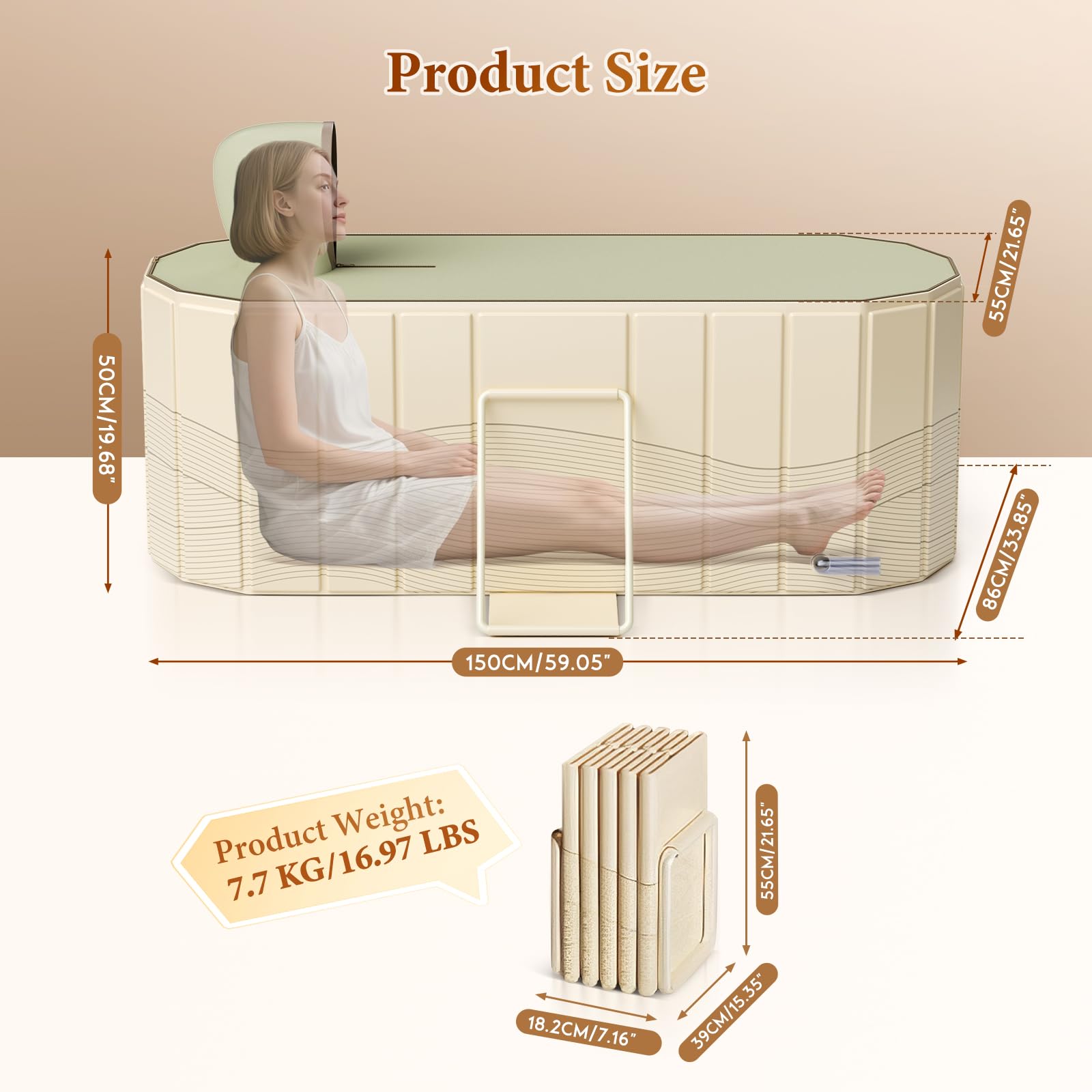 Bañera portátil para adultos 150 x 55 x 50 cm, bañera plegable para adultos con 2 agujeros de drenaje, bañera familiar para baño de hielo Equipada con 2 placas de soporte laterales con cubierta (Beige