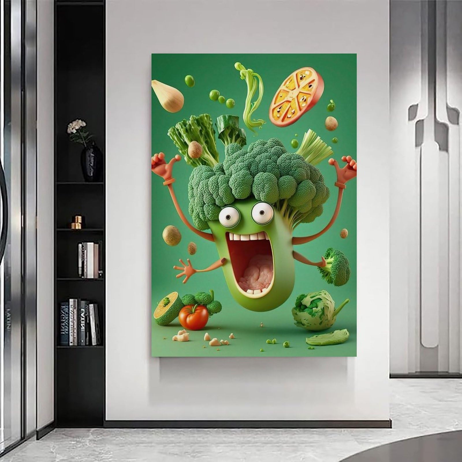 ZZJFFBSS Essen-Poster, Angriff des fröhlichen Brokkoli, Wandkunst, Wandbild, moderne Dekoration, hängendes Kunstposter, 60 x 90 cm