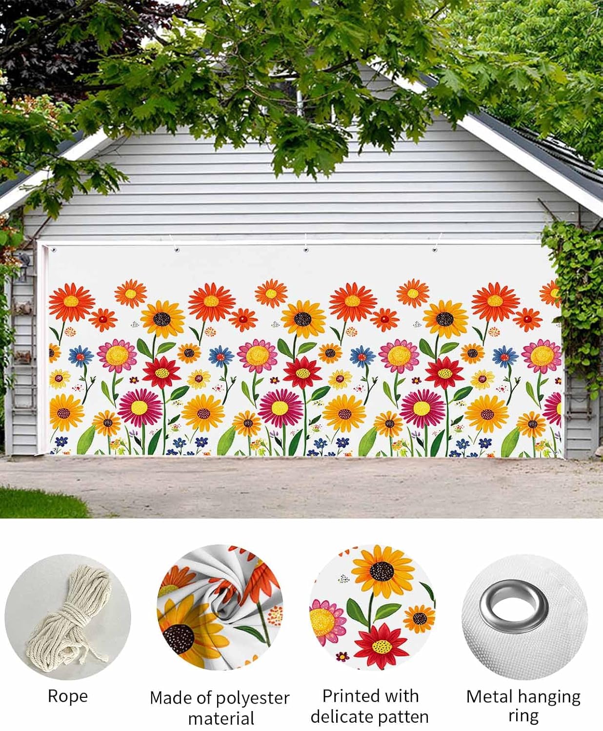 Spring Garage Door Banner Cover 7 x 8 ft, Spring Cartoon Orange Yellow Sunflower Daisy Flower Garage Door Decorations Holiday Seasonal Backdrop Decor for Spring Summer Party