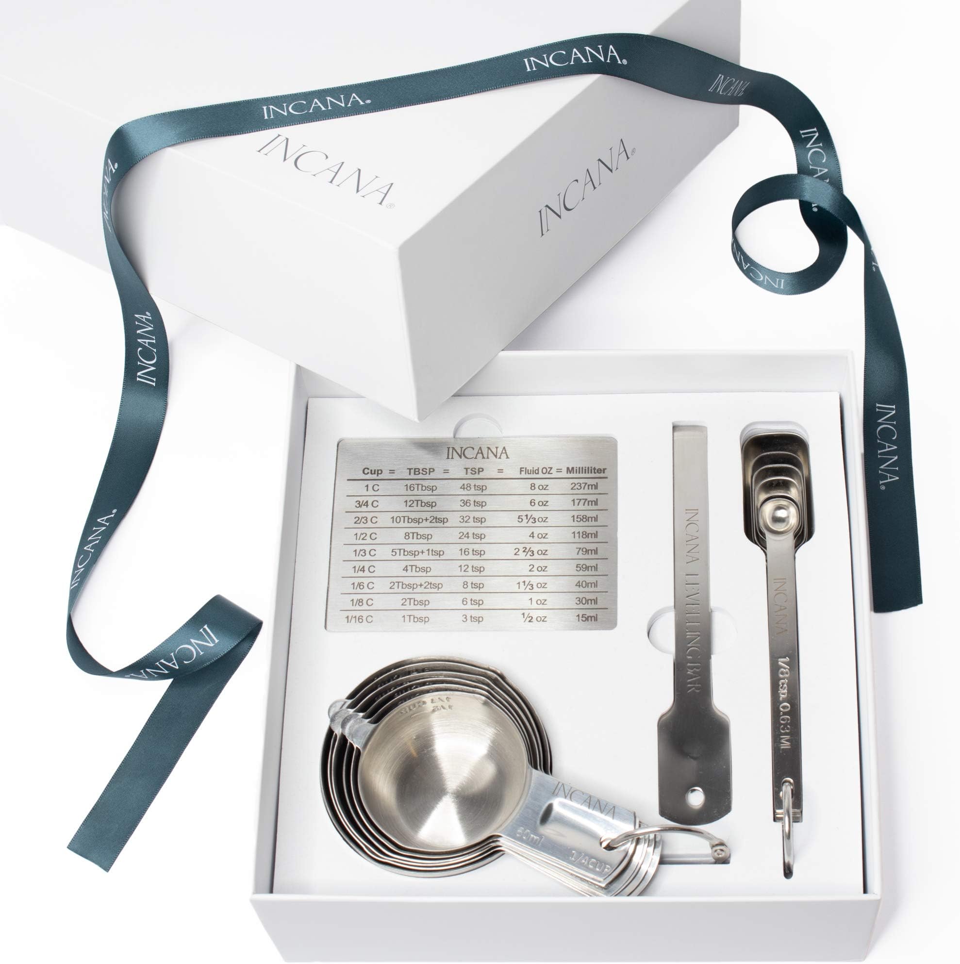 Stainless Steel Measuring Cups and Spoons Set with Pouring Spout on Both Sides, Level and Conversion Chart - Elegant Gift Set, 14-Piece Baking Kit with Measure Cups, Tablespoons and Teaspoons - Metal