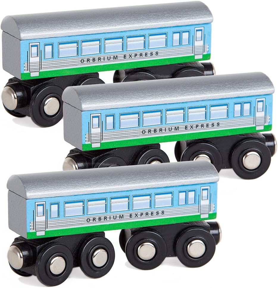 3 Pcs Large Wooden Railway Express Coach Cars, Compatible with Thomas & Friends Push-Along The Tank Engine, Brio, Chuggington Wooden Train