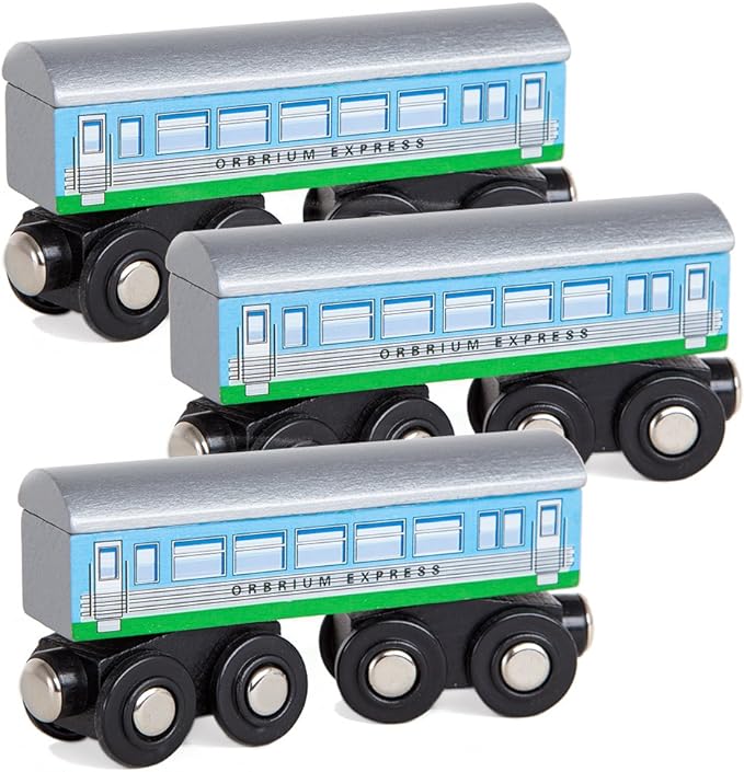 Orbrium Toys 3 Pcs Large Wooden Railway Express Coach Cars