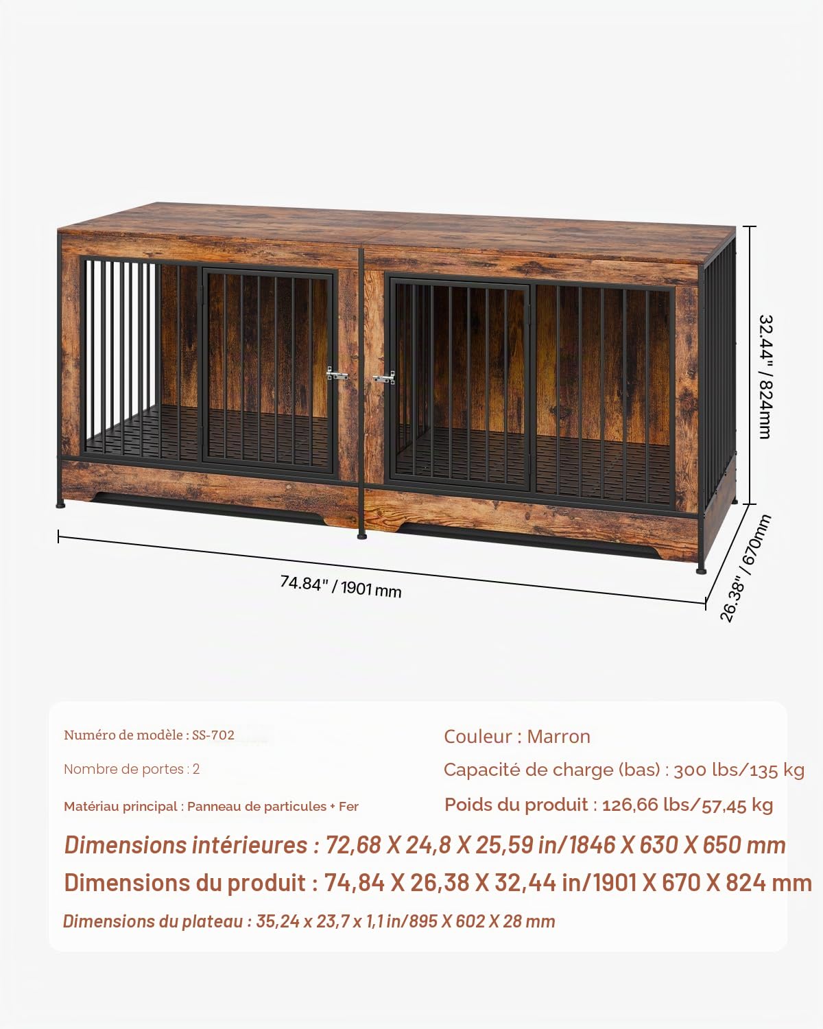 VEVOR Cage pour Chien 1901x670x824 mm Meuble Cage Chien en Bois Intérieur Multi-usages avec Double Porte, Séparateur, Plateau Amovible, Table d'Appoint pour Chiens de Taille Moyenne Grande, Marron