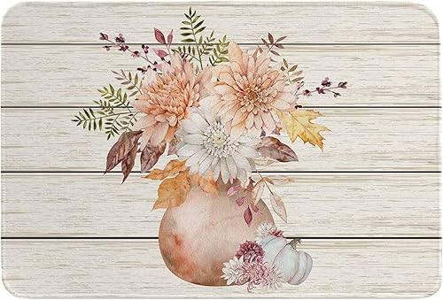 Fall Flowers Indoor Bath Mat, Absorbent Floor Mats Bathroom Rugs, Autumn Maple Leaves Pumpkin Rustic Wood Kitchen Runner Rugs, Non Slip Doormat for