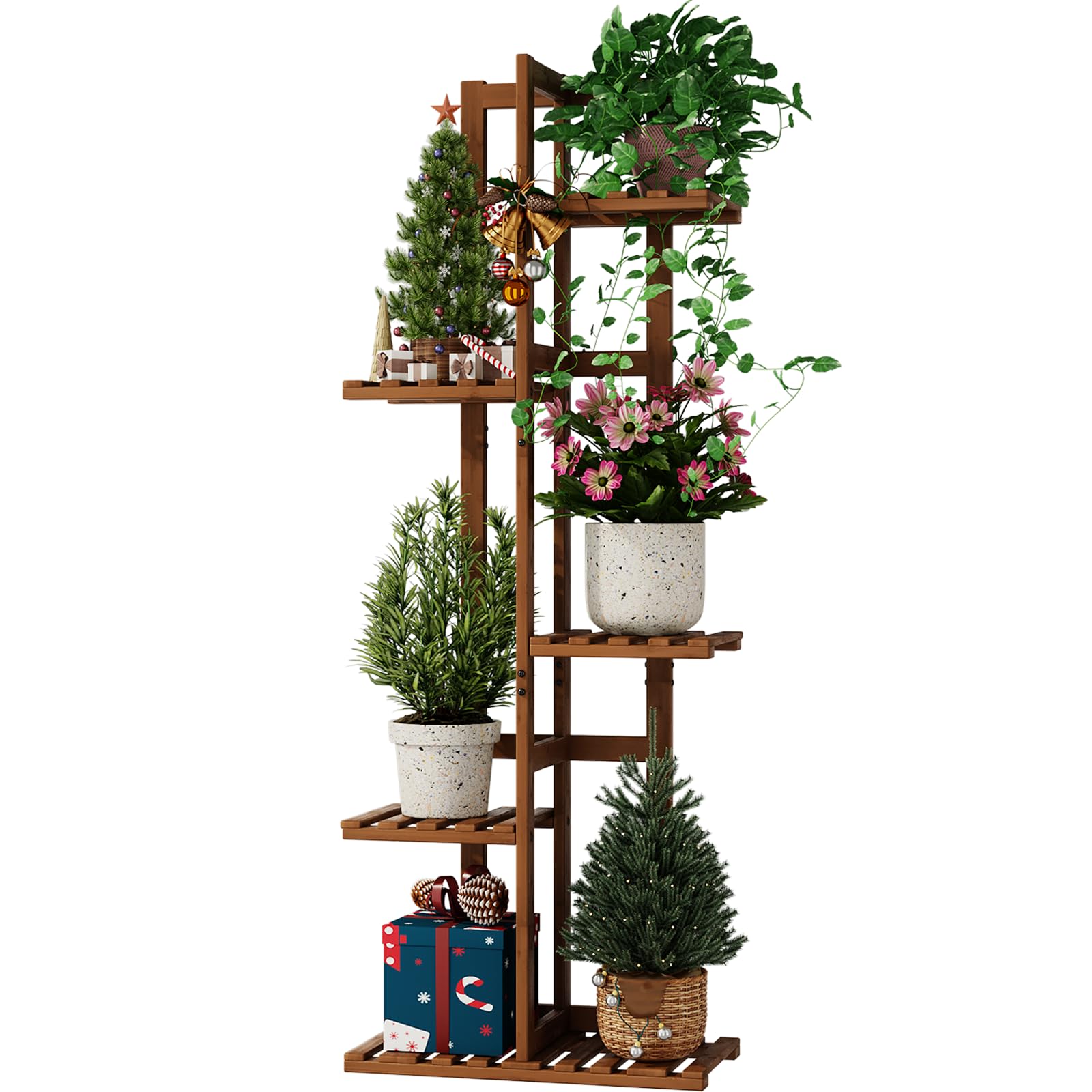 Bamworld 5 Tier Bamboo Plant Stand Indoor, Corner Plant Shelf for Multiple Plants, Small Tiered Flower Stand for Window Garden Balcony Home Decor Living Room Bedroom(Tea Brown)