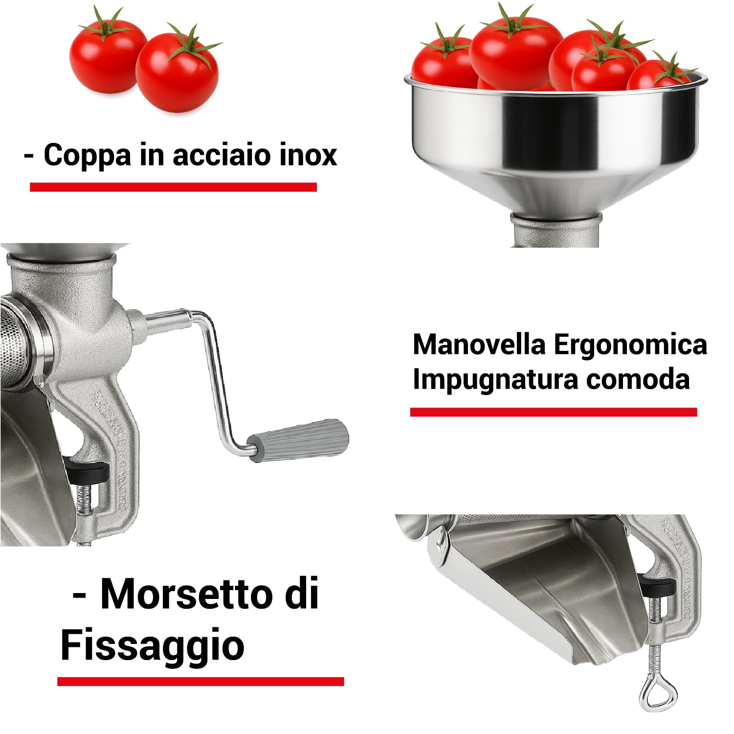 Crisalide® - Passapomodoro a Mano in Ghisa per Uso Alimentare, Elica in Plastica per Prodotti Caldi, Cono Filtro in Lamiera Stagnata, Imbuto e Sgocciolatoio in Acciaio Inox, Morsetto a Vite, 2,5 kg