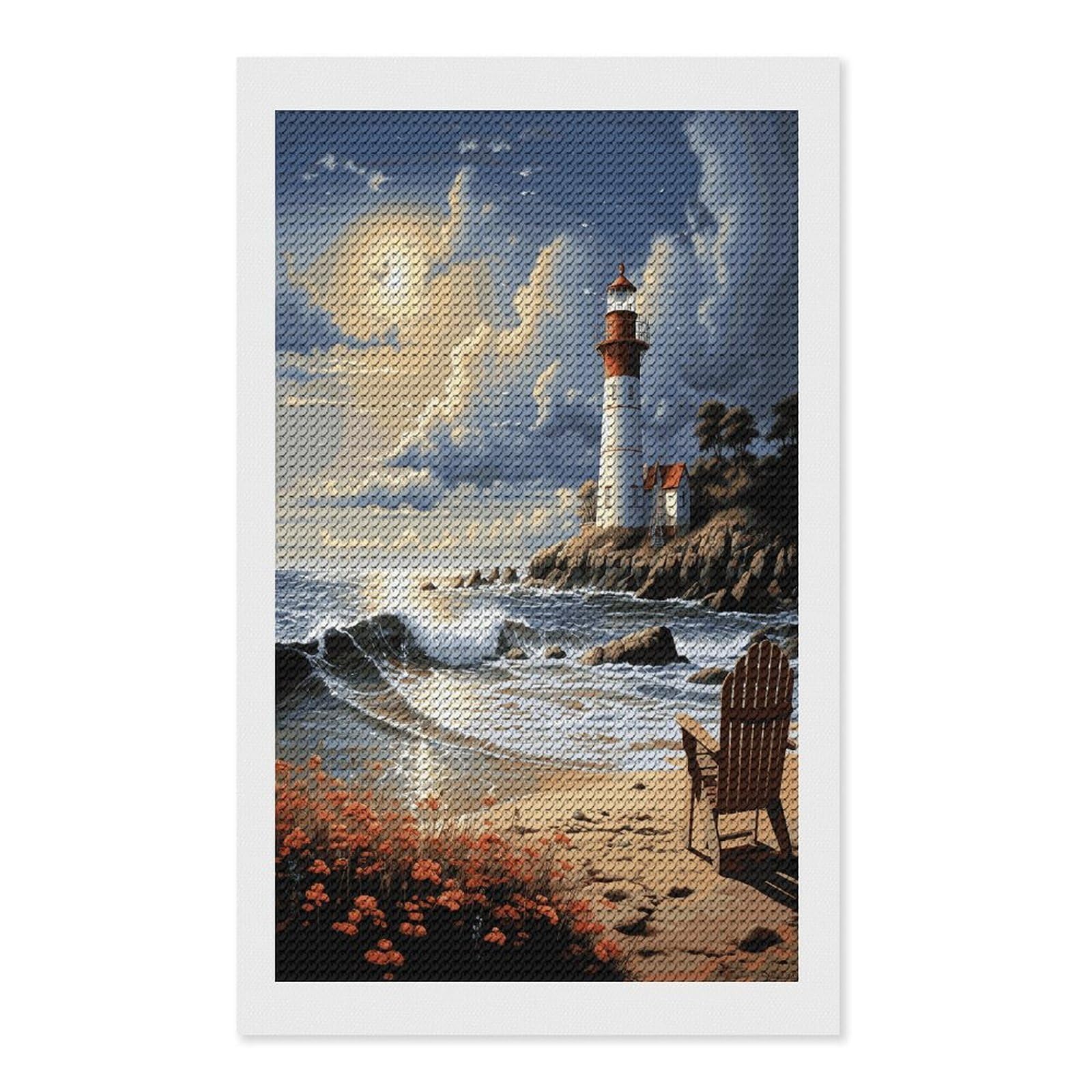 FekiLoot Sea Lighthouse Sandbeach Paint by Numbers Kit for Adults Beginner DIY Diamond Dots Paintings Round Full Drill Diamond Art Kits Picture Diamond Art Painting Kits for Home Decor 12"x20"