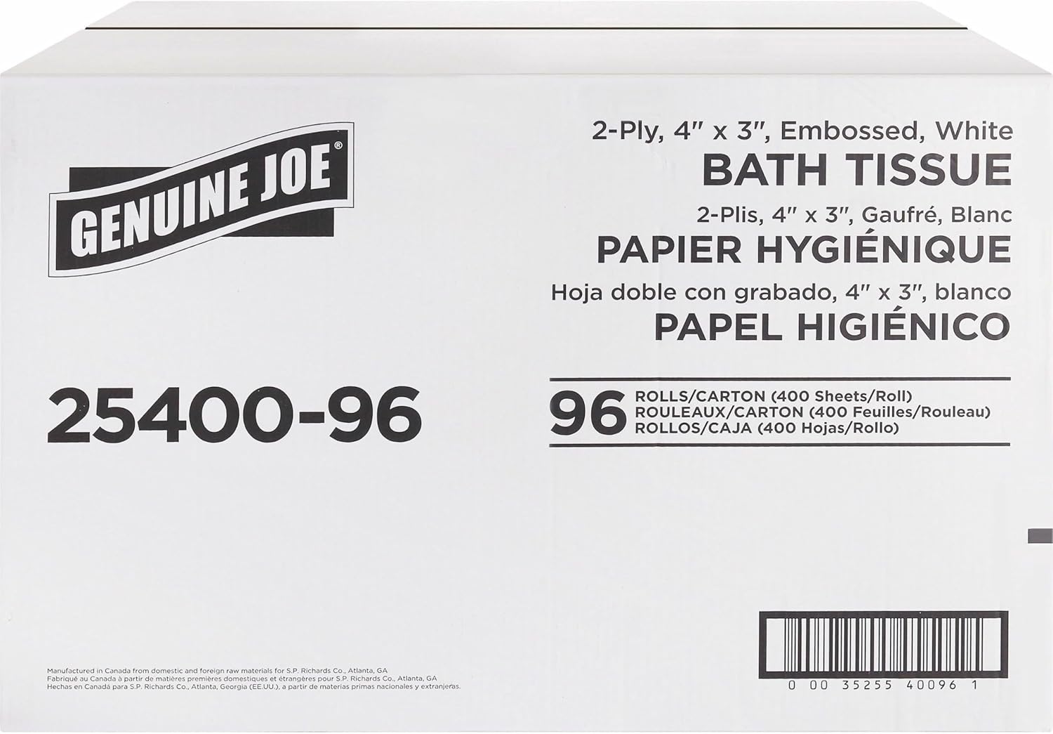 Genuine Joe Standard Bath Tissue, 3" x 4", 2-Ply, 400 Sheets/Roll, 96 Count