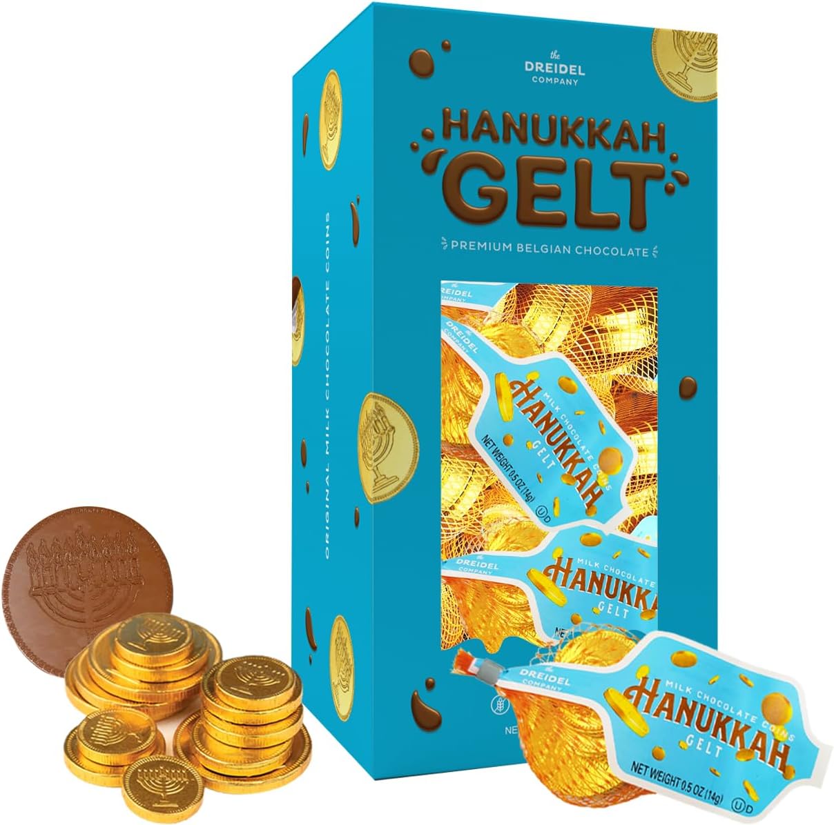 The Dreidel Company Chocolate Coins, Nut-Free, 14 Gram Mesh Bags - made With Premium Milk Chocolate, Kosher Dairy Gluten free, Non GMO, Chanukah Gelt, (20 Mesh Bags)