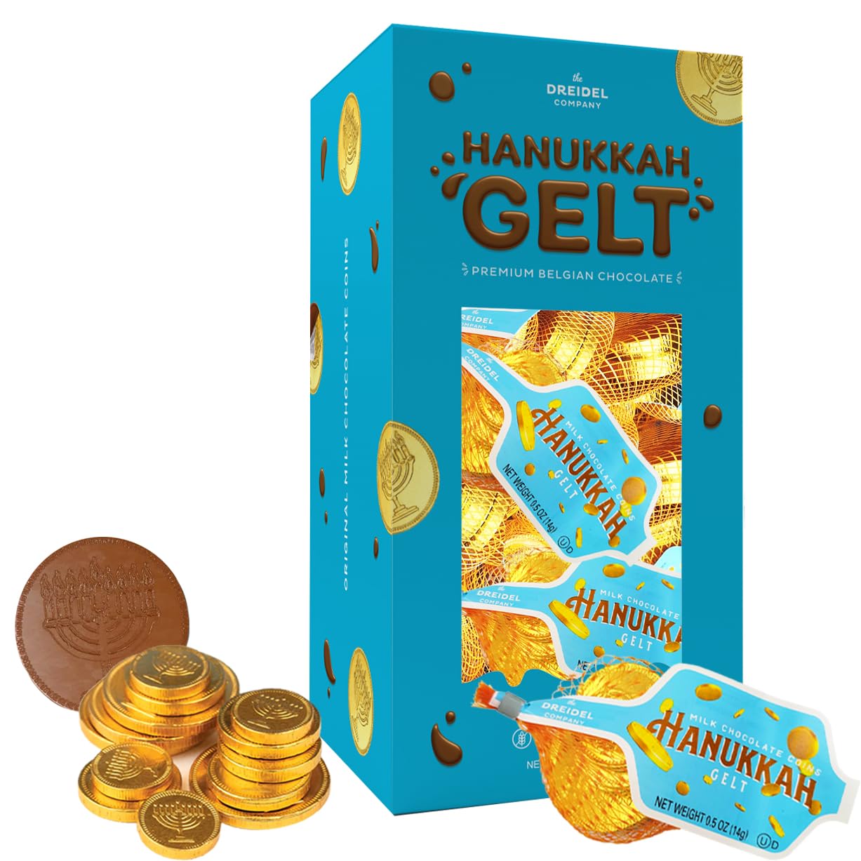 The Dreidel Company Hanukkah Chocolate Gelt Gold Coins In Mesh Bag, Belgian Milk Chocolate Coins, Kosher Certified (24 Mesh Bags)