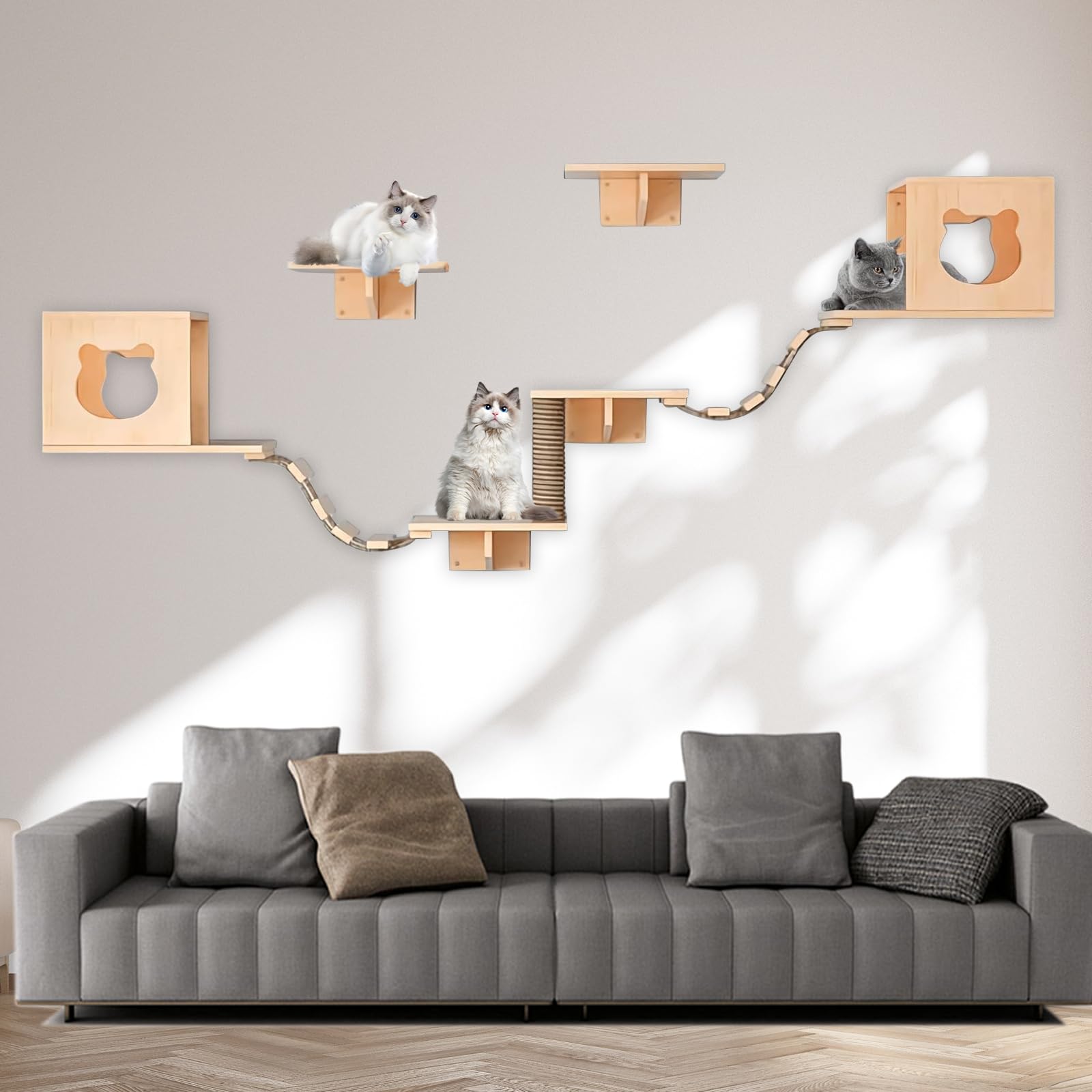Kletterwand Katzen XXL, 250 cm Katzenkletterwand Set, 7/9-teiliges Katzen Wandelemente mit Katzenhaus, Katzenkratzbrett, Katzenbrücke, Wandregale, Holz-Katzenwandmöbel (9-teiliges)