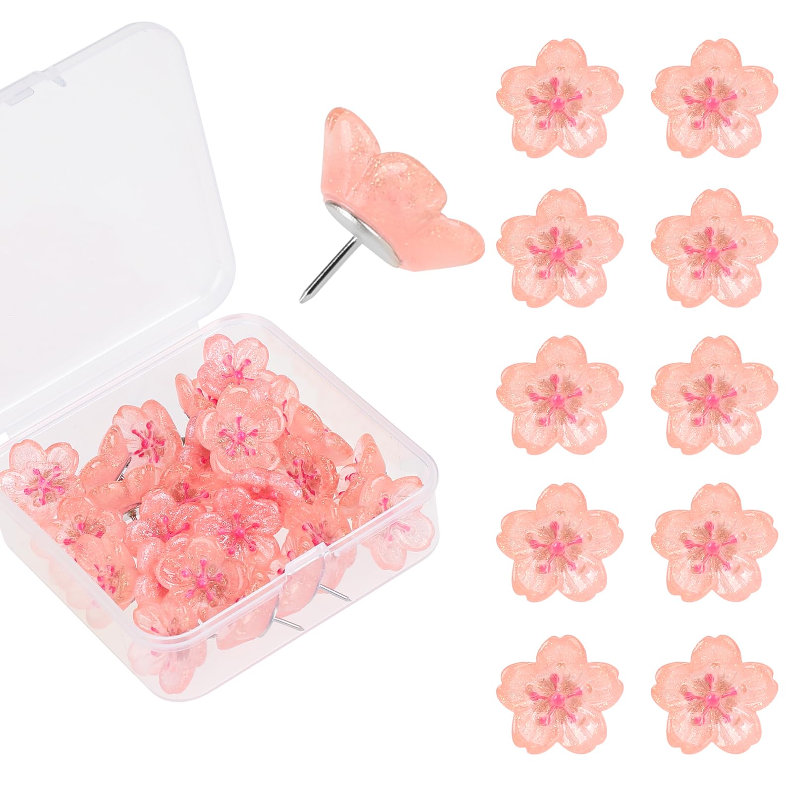 Sakura 30PCS Pink Resin Sakura Push Pins with Glitter Powder Pink Flower Decorative Thumbtacks for Cork Board, Map, Bulletin Board, Photo Wall, Sticky Notes