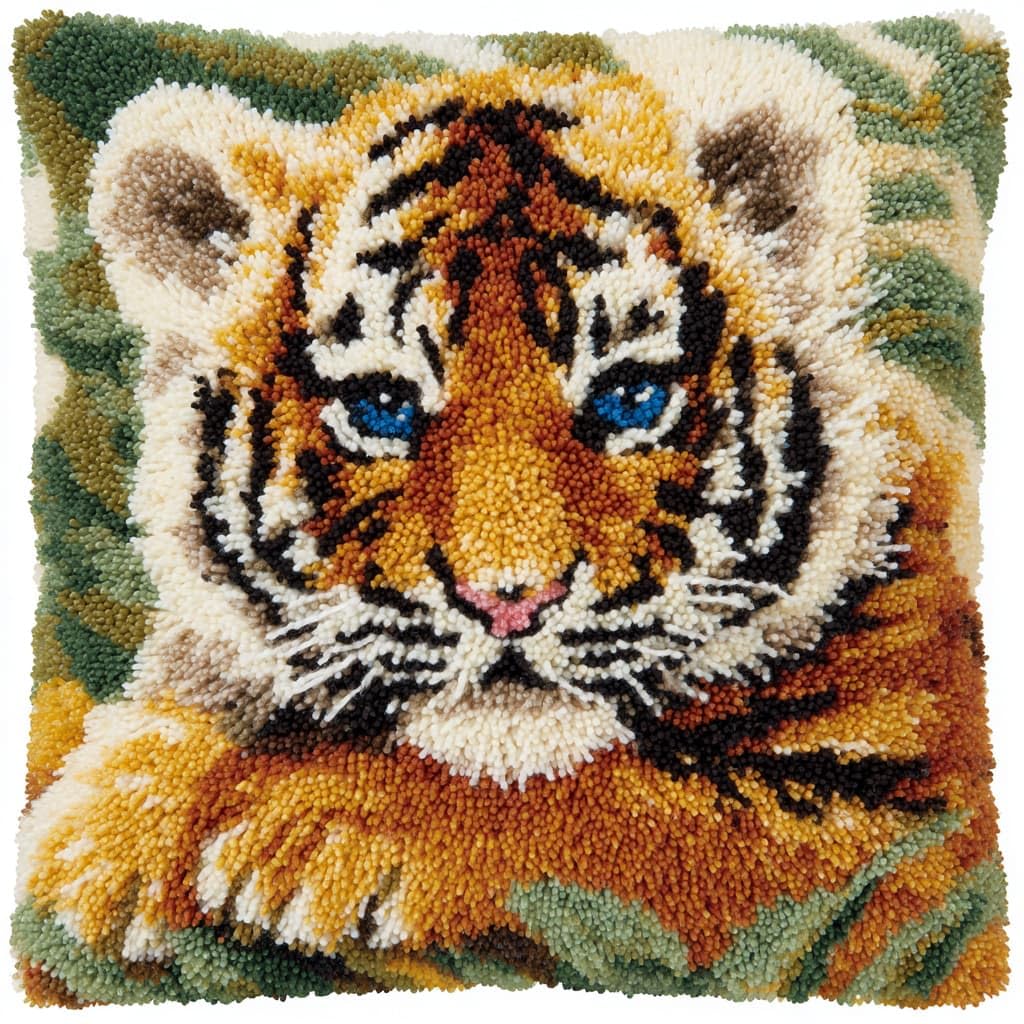 Taxpy DIY Rug Pillow Cover Latch Hook Cushion Kits, Animal Tiger Needlework Pillow Cover Sofa Cushion Rug Making Kits,17x17inch