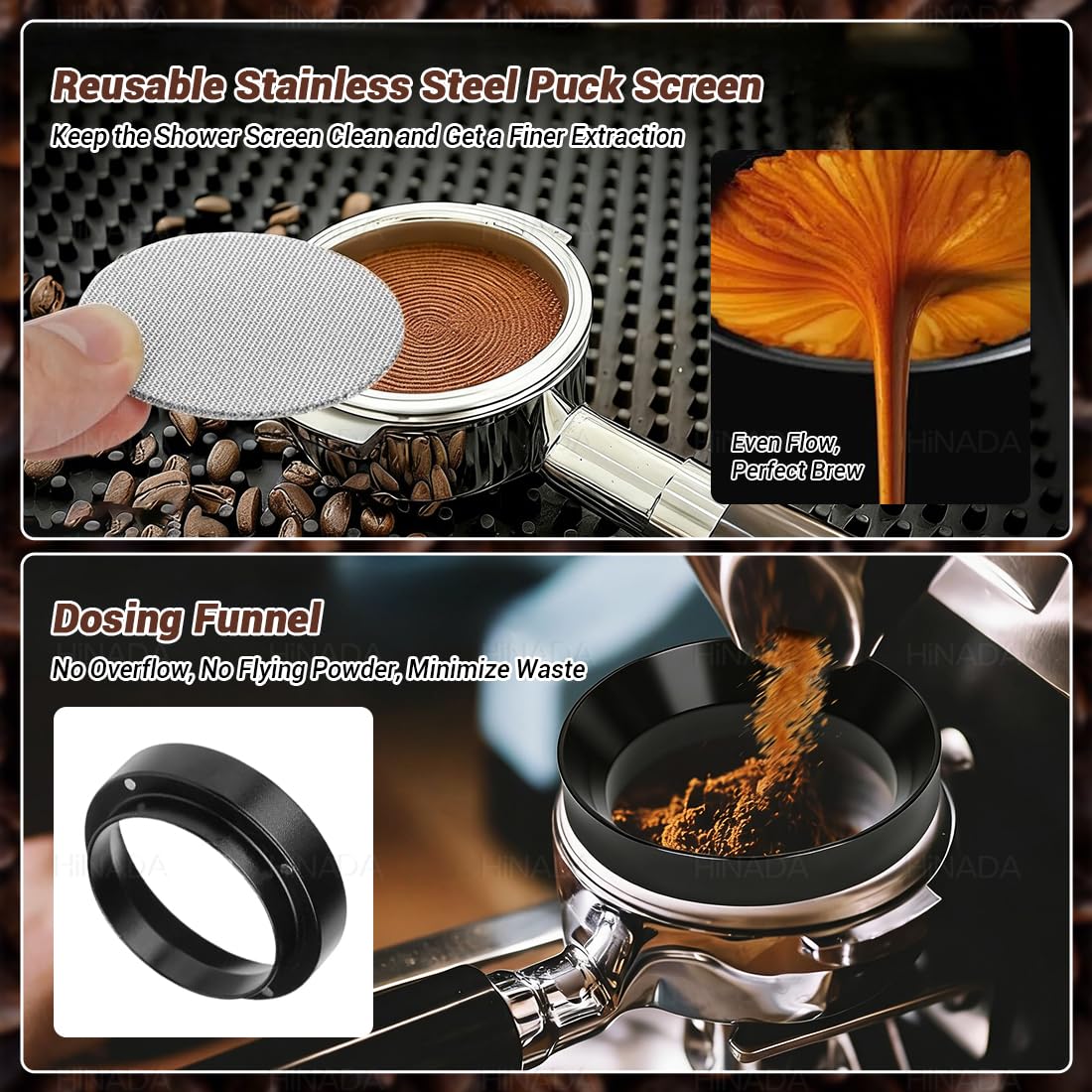 HiNADA Espresso Zubehör Set, Kaffee Tamper 53mm mit Tamperstation, Coffee Leveler, WDT Tool, Dosierring, Reinigungsbürste, Puck Screen (53 mm)