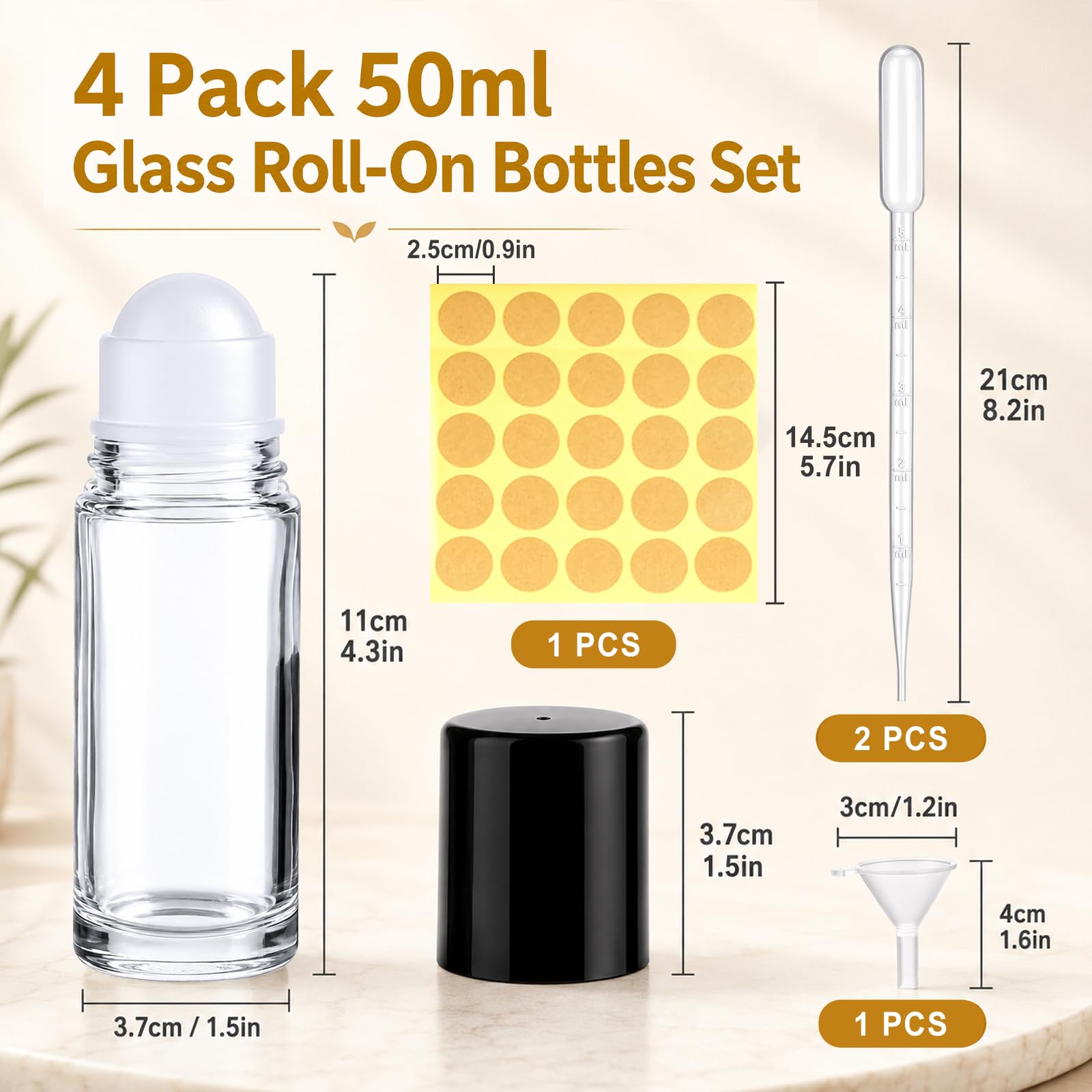 4 x 50ml Botellas de Rodillo de Vidrio, Botellas Vacías con 2 x 5ml Pipetas, Embudo de Plástico & Pegatina, Anti-Fuga para Aceites Esenciales, Perfume, Aromaterapia