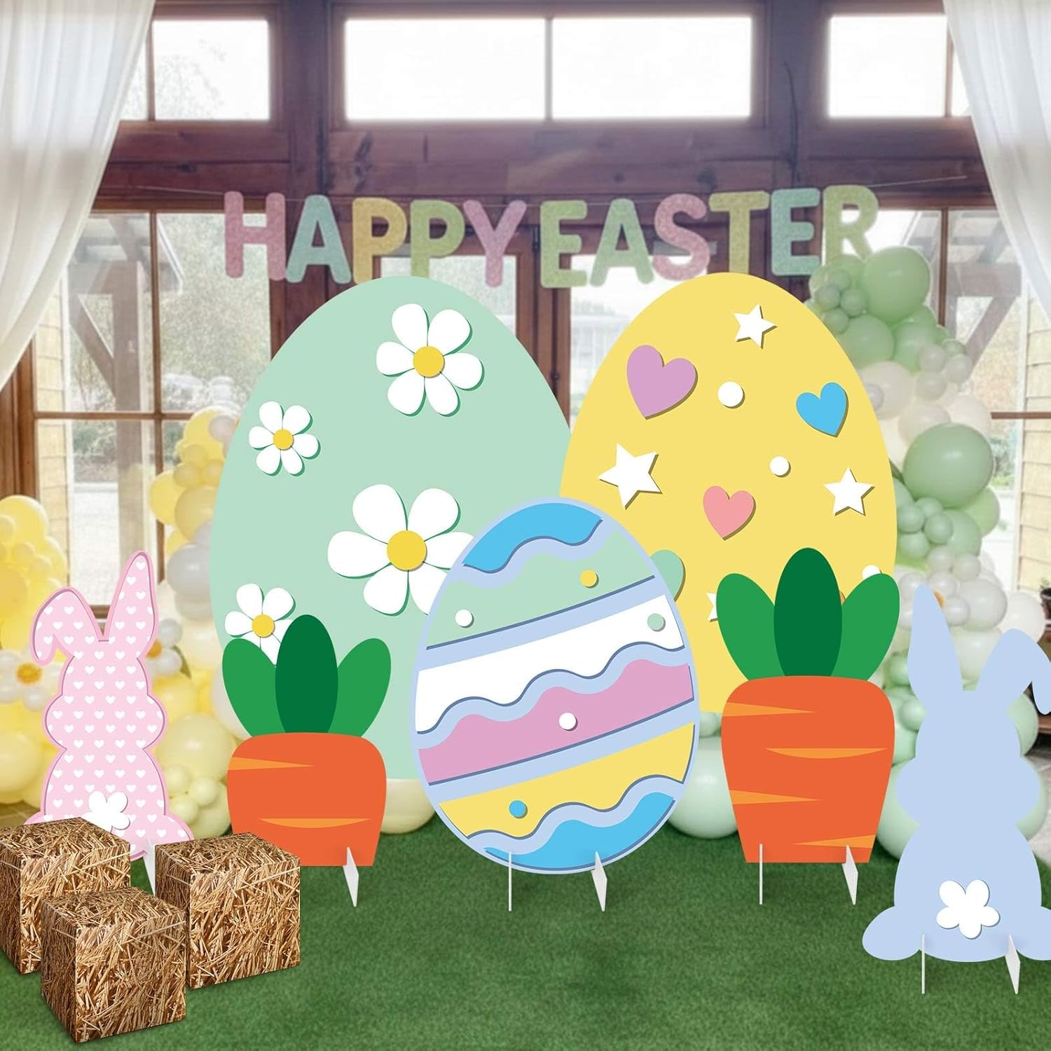 Bucherry 10 Pcs Easter Cardboard Cutout Easter Party Decoration Backdrop Rabbit Eggs Bunny Photo Props Stand up Cardboard Spring Backdrops Background for Birthday Party Outdoor Lawn Garden Yard