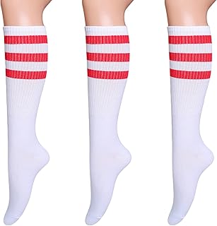 Henwarry 3 Pairs Classic Triple Stripes Over the Calf Cotton Retro Tube Socks for Men and Women